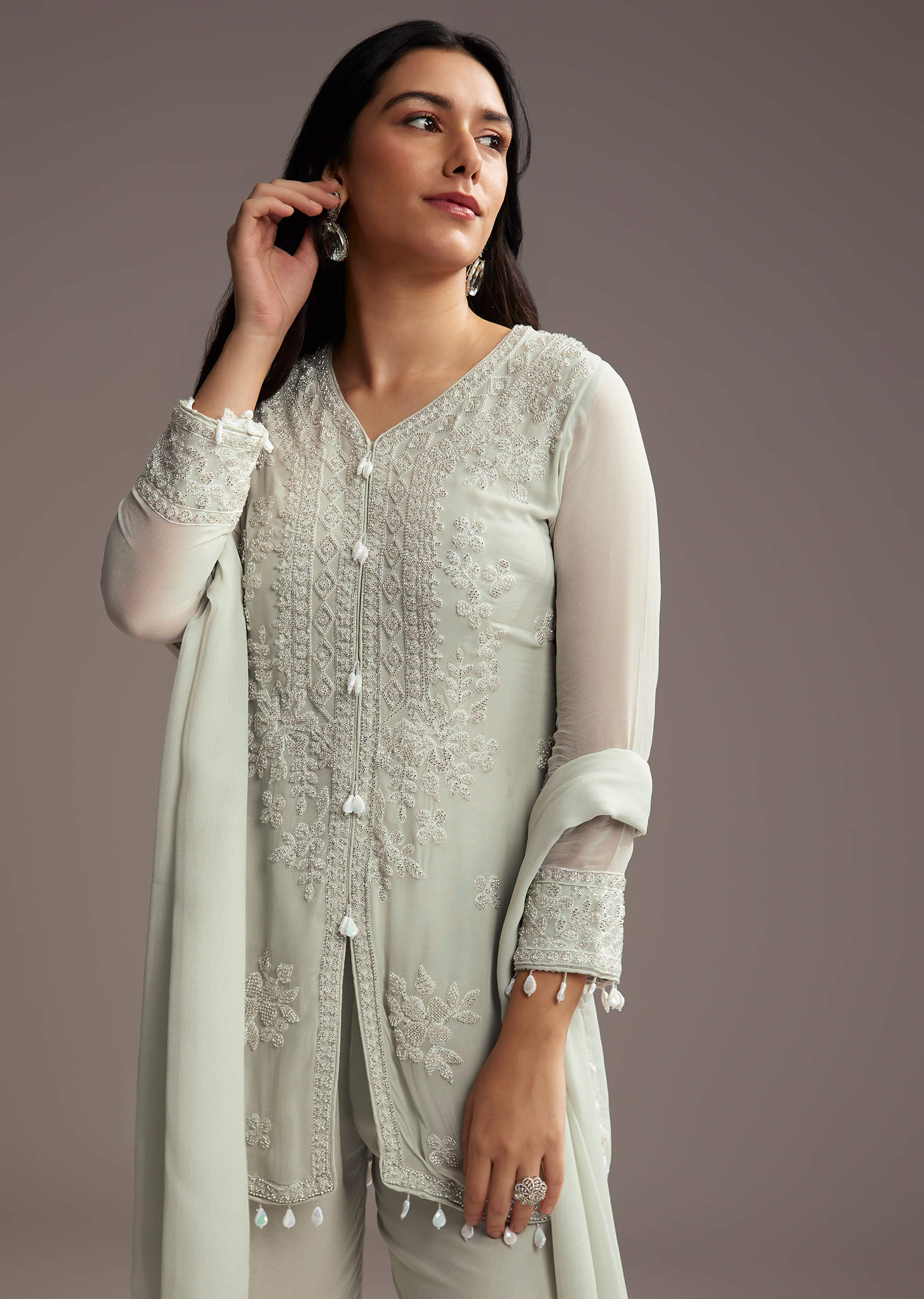 Pastel Green Georgette Kurta Set With Bead Embroidery - Image 3
