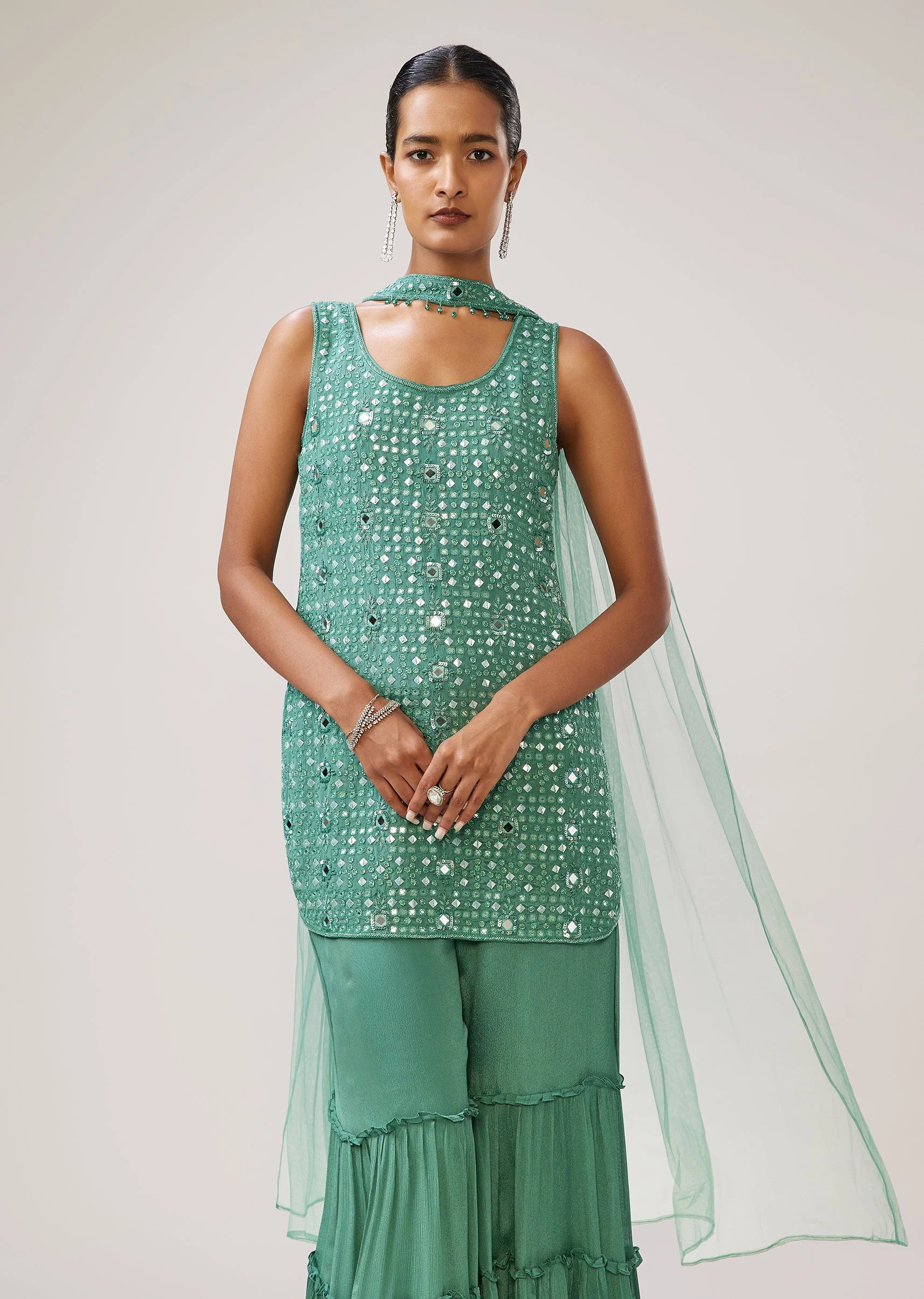 Pastel Green Mirror Sequin Sharara Suit With Dupatta - Image 4
