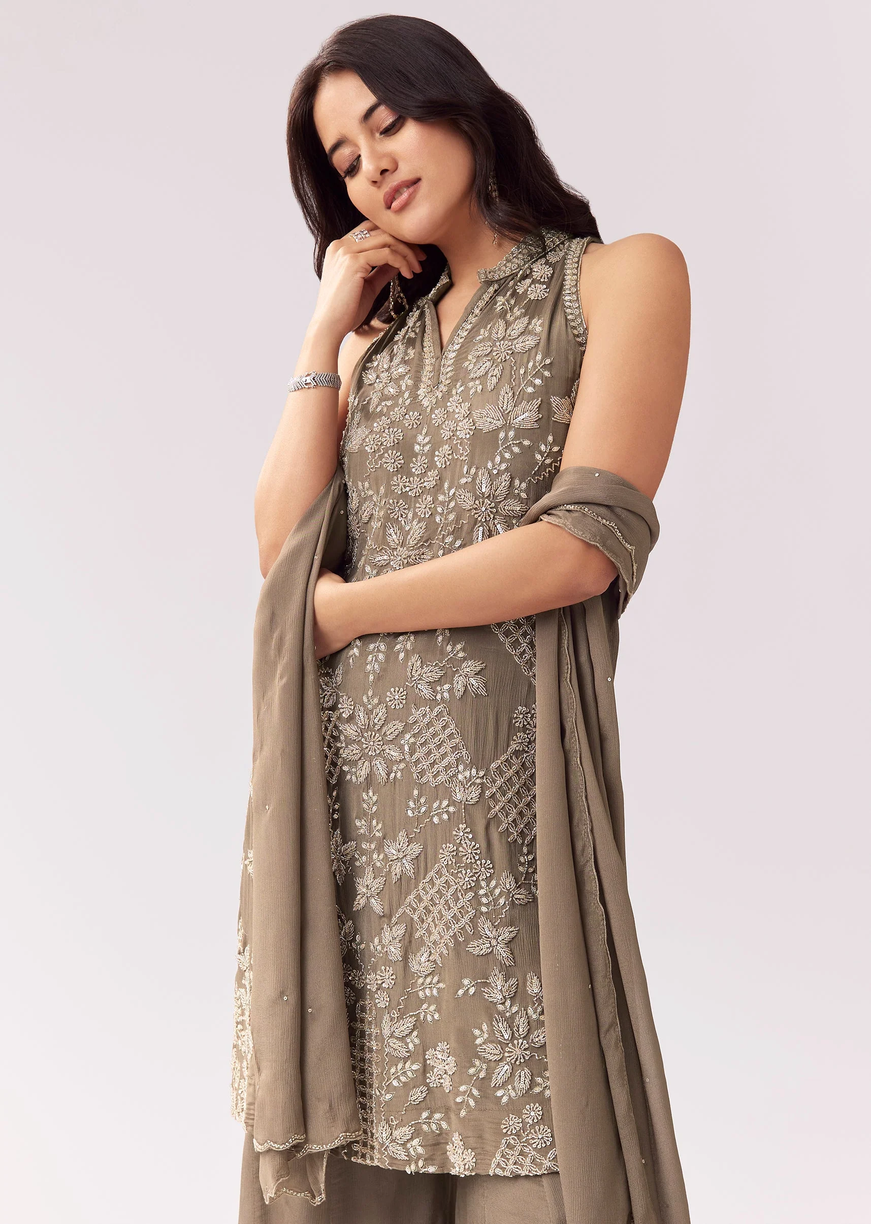 Pastel Grey Chinon Palazzo Suit With Beadwork - Image 4