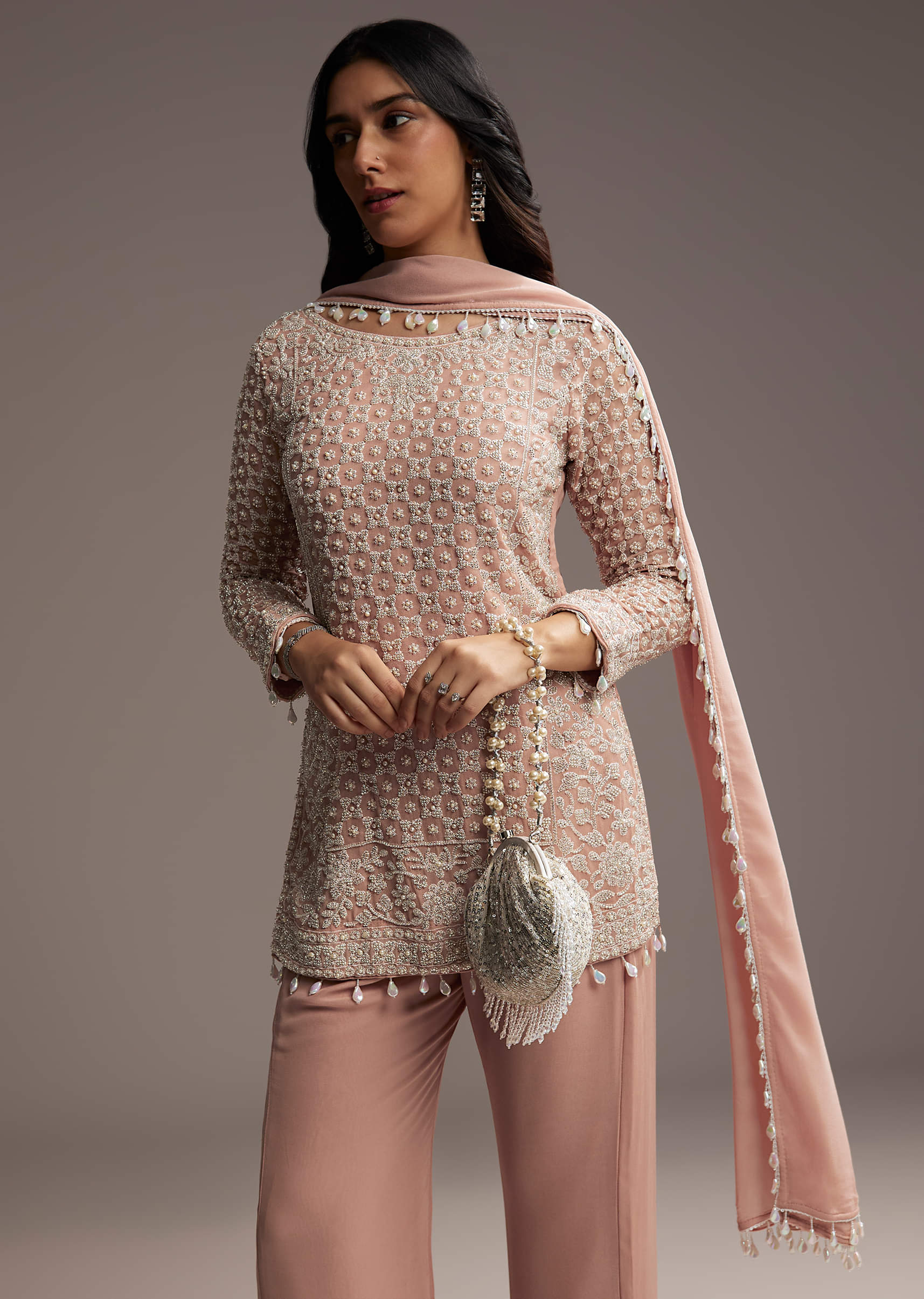 Pastel Peach Georgette Kurta Set With Beads Work - Image 3