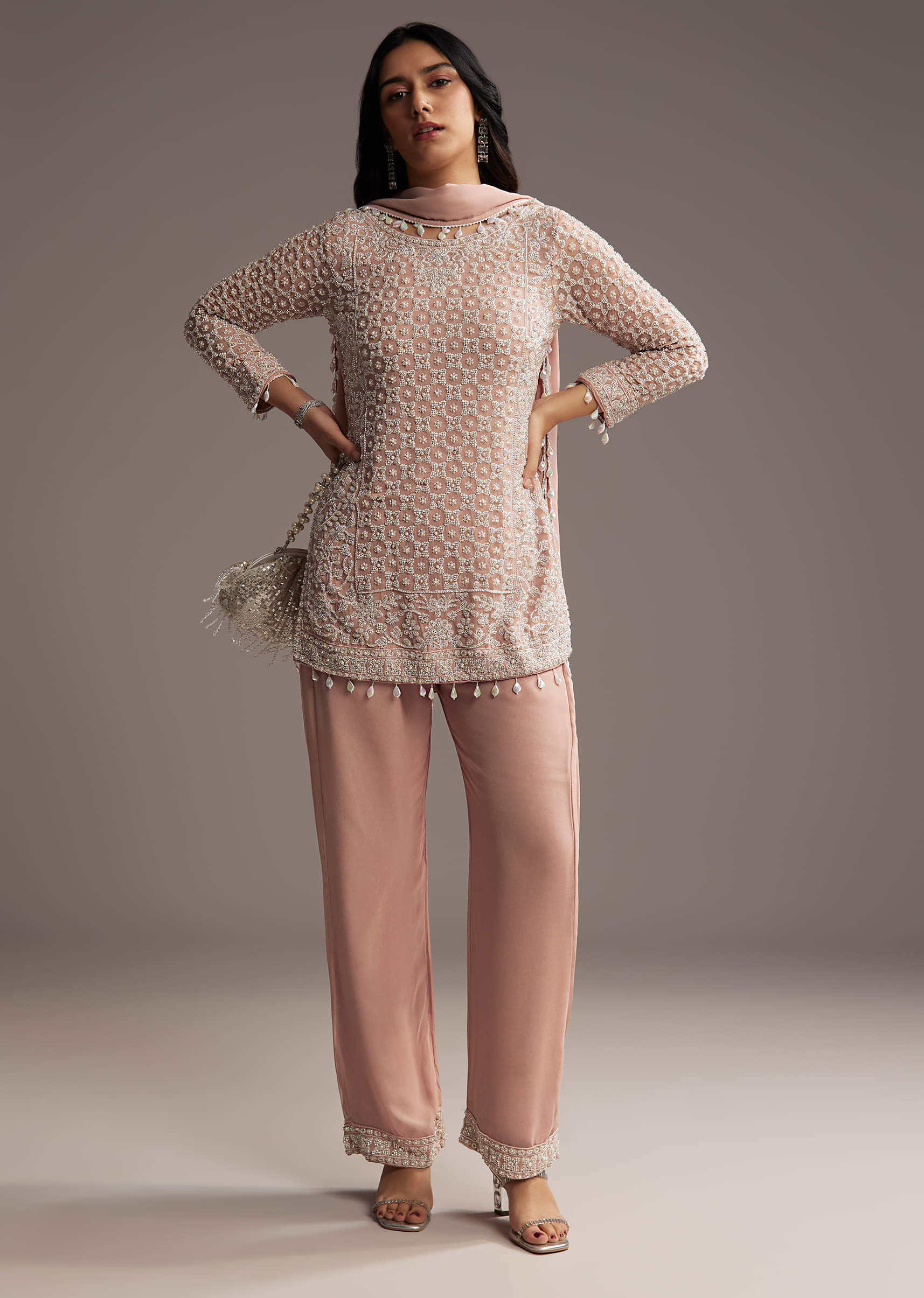 Pastel Peach Georgette Kurta Set With Beads Work - Image 4