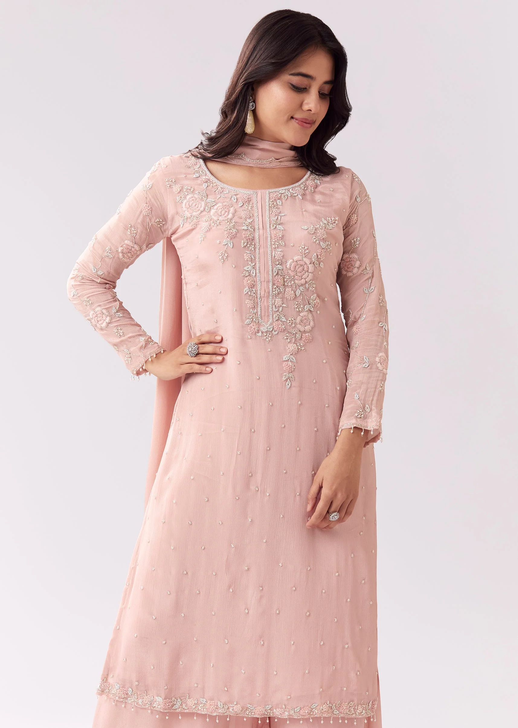 Pastel Pink Chinon Palazzo Suit With Thread And Cutdana - Image 4