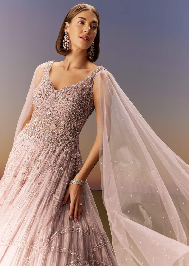 Pastel Pink Gown With Embellished Shoulder Cape Trails - Image 5