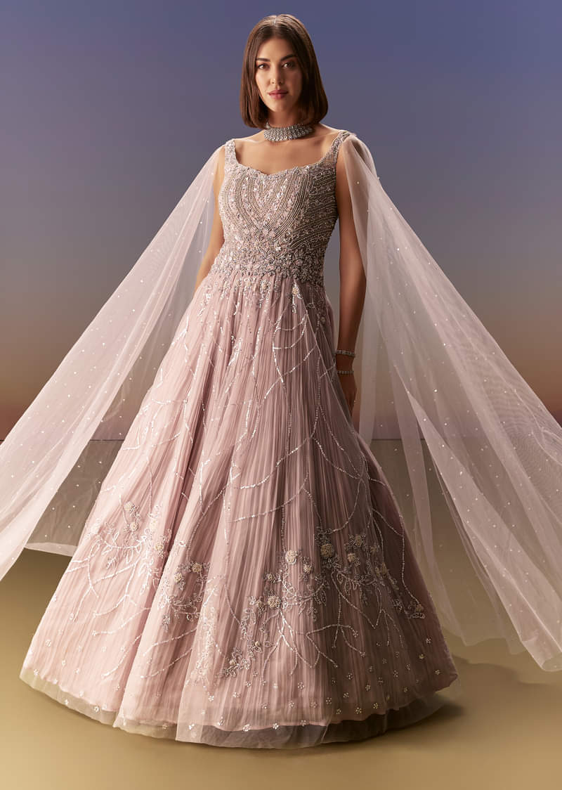 Pastel Pink Gown With Sheer Cape Drape And Heavy Embroidery - Image 4
