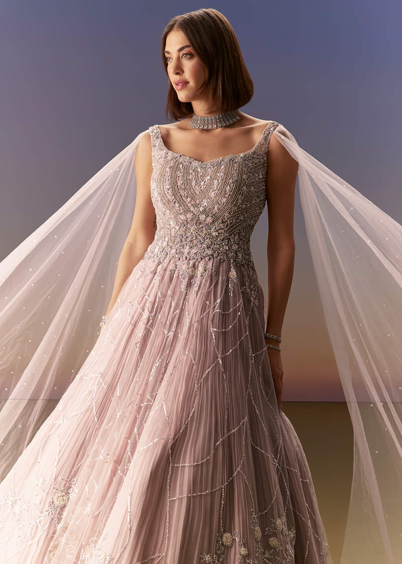 Pastel Pink Gown With Sheer Cape Drape And Heavy Embroidery - Image 5