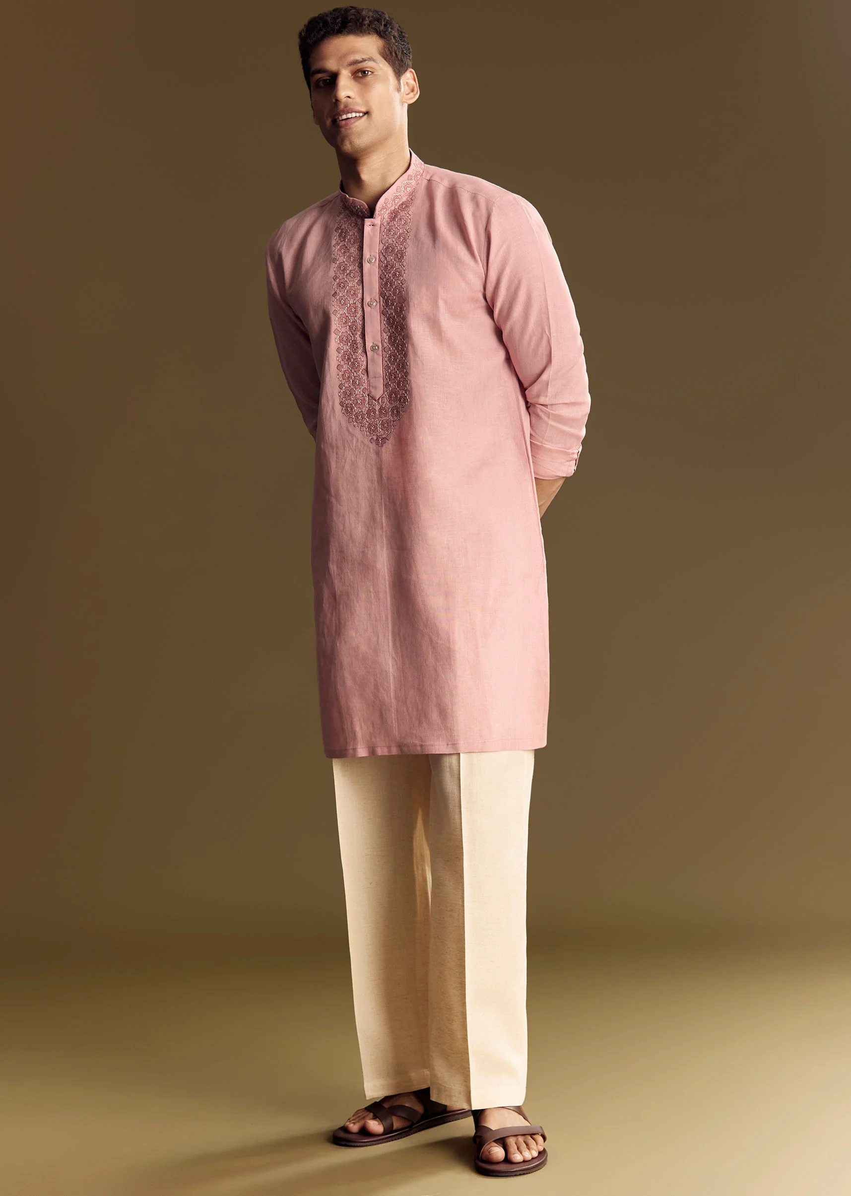 Pastel Pink Linen Kurta Set - Image 4