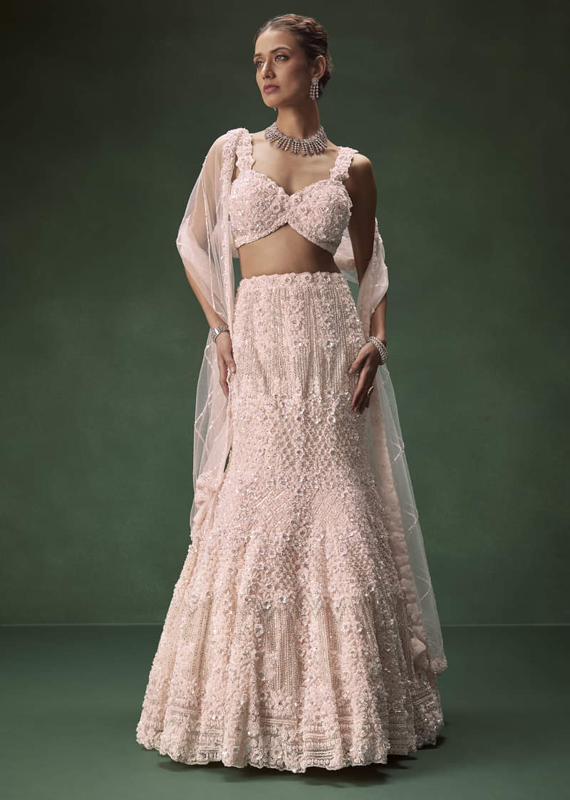 Pastel Pink Mermaid Bridal Lehenga With Intricate Embellishments - Image 4