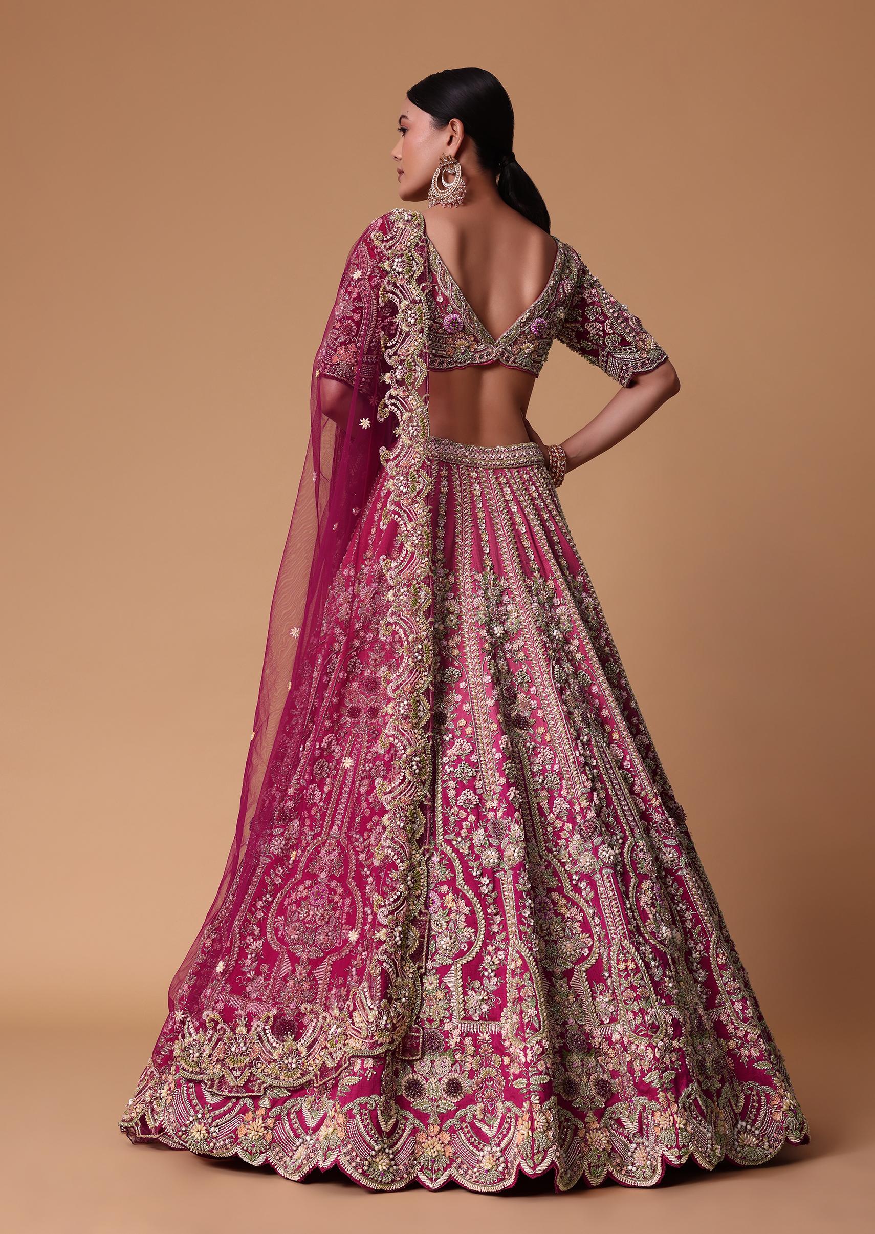 Pink Raw Silk 16 Kali Lehenga And 3D Pearl Embellished Blouse Set - Image 5