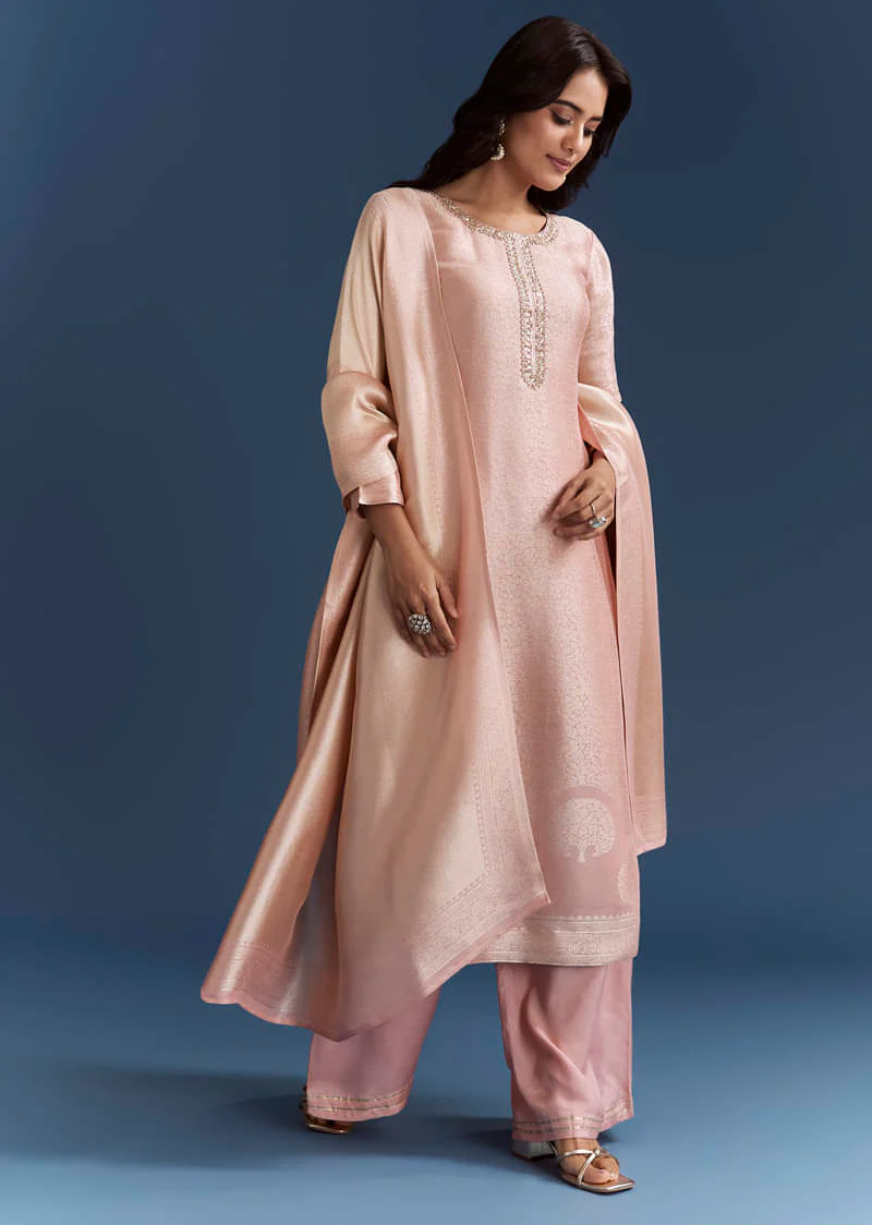 Peach Banarasi Tissue Kurta Set With Zardosi Neckline - Image 4