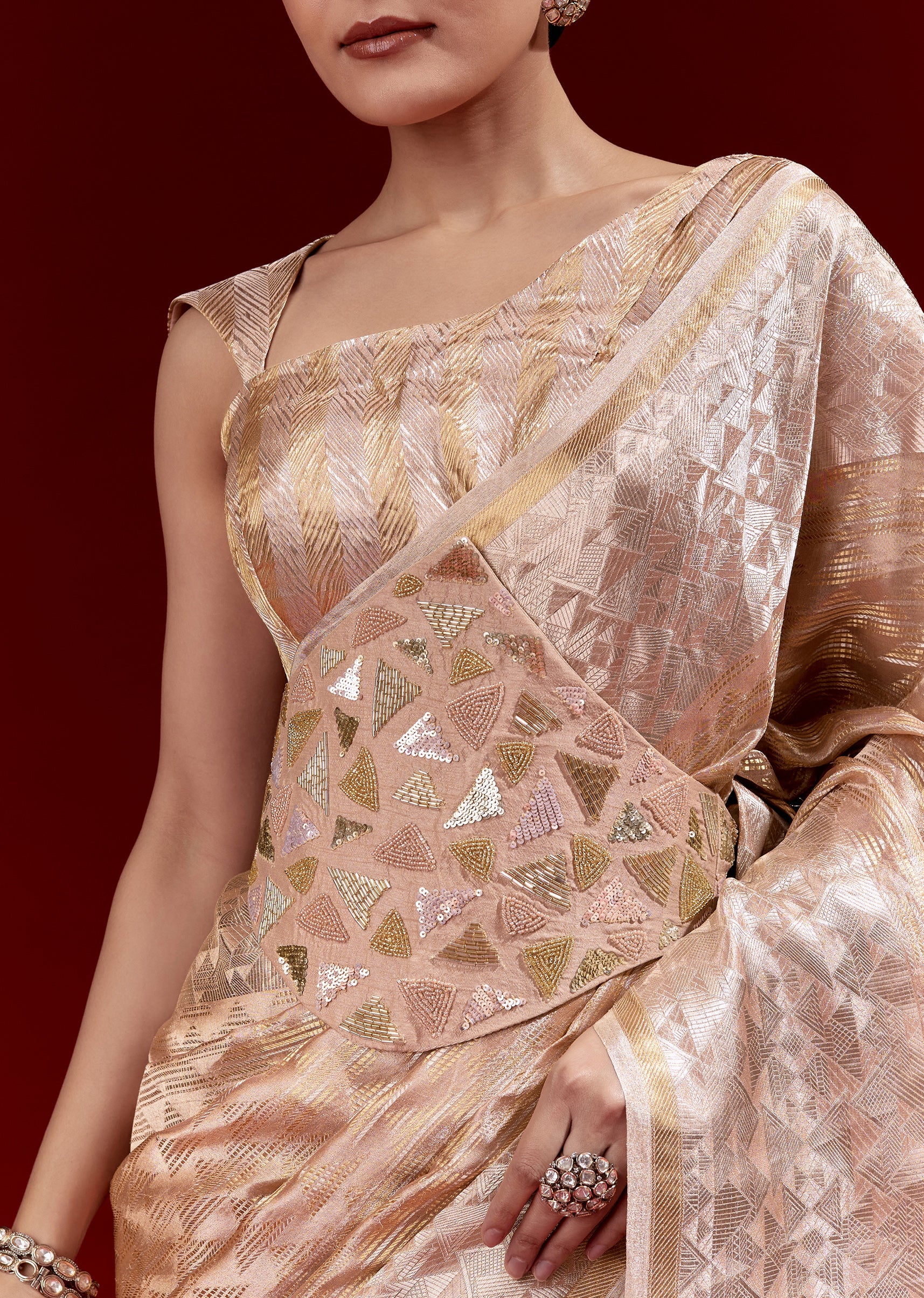 Peach Banarasi Tissue Saree With Broad Border Geometric Stripes And Embroidered Belt - Image 2
