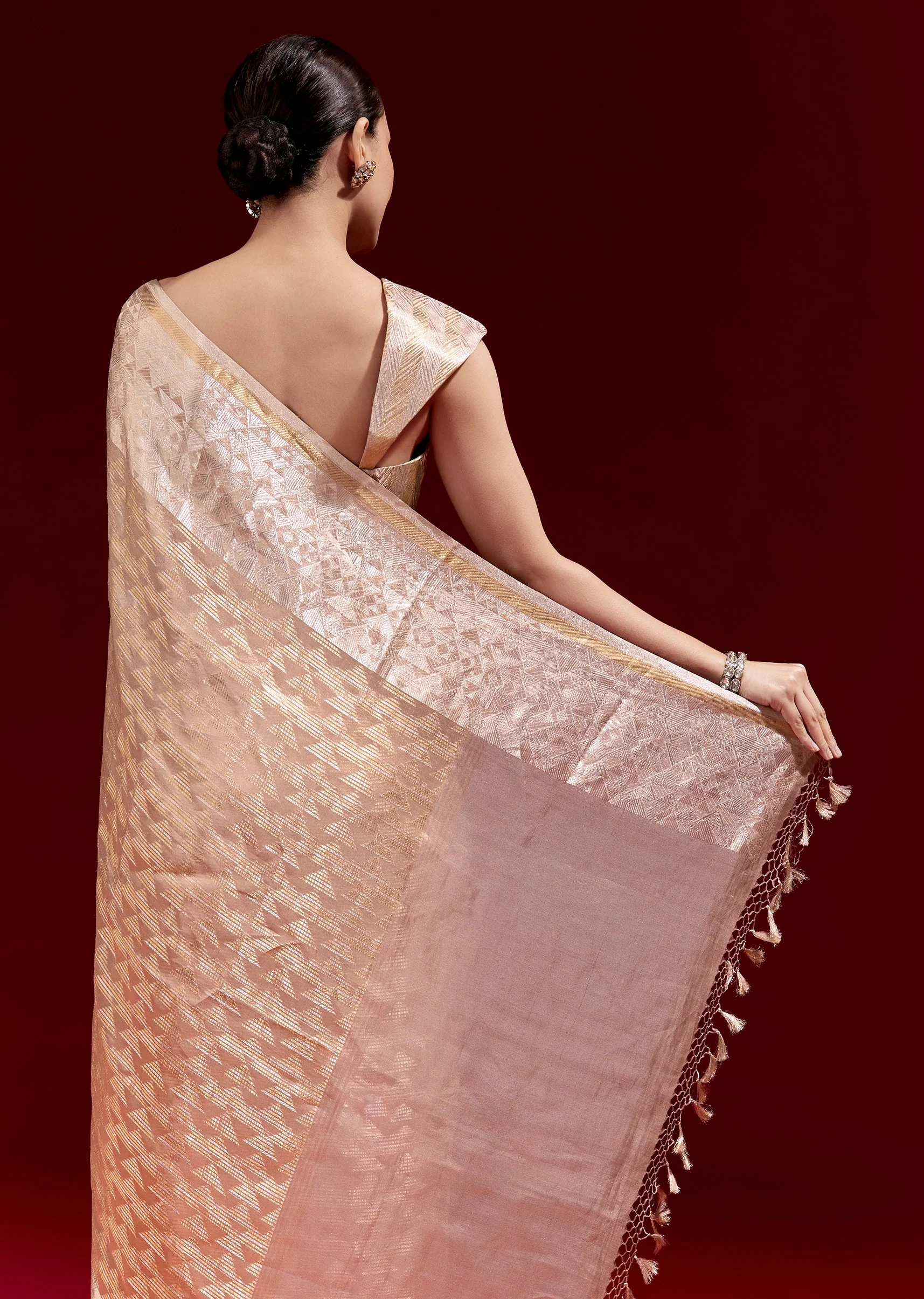 Peach Banarasi Tissue Saree With Broad Border Geometric Stripes And Embroidered Belt - Image 6