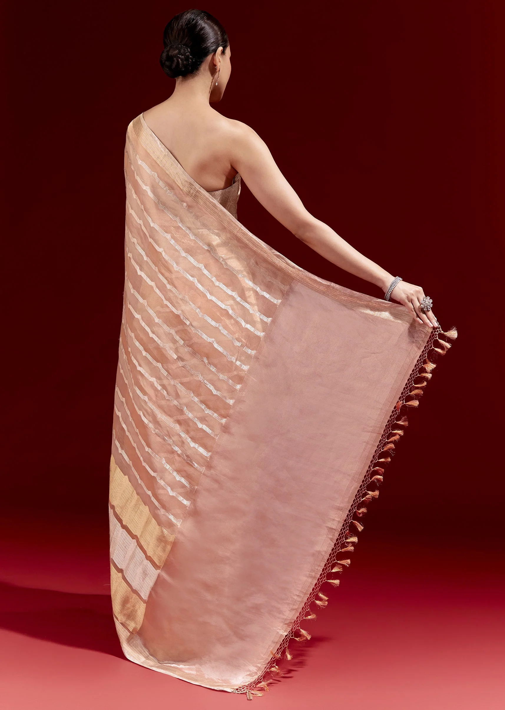 Peach Banarasi Tissue Saree With Chanderi Stripes And Embroidered Cutdana Belt - Image 4