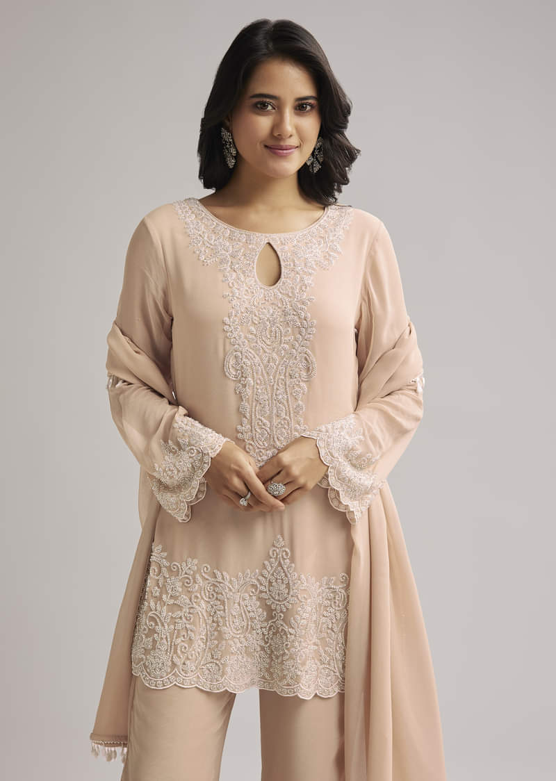 Peach Beaded Kurti Pant Set With Dupatta - Image 3