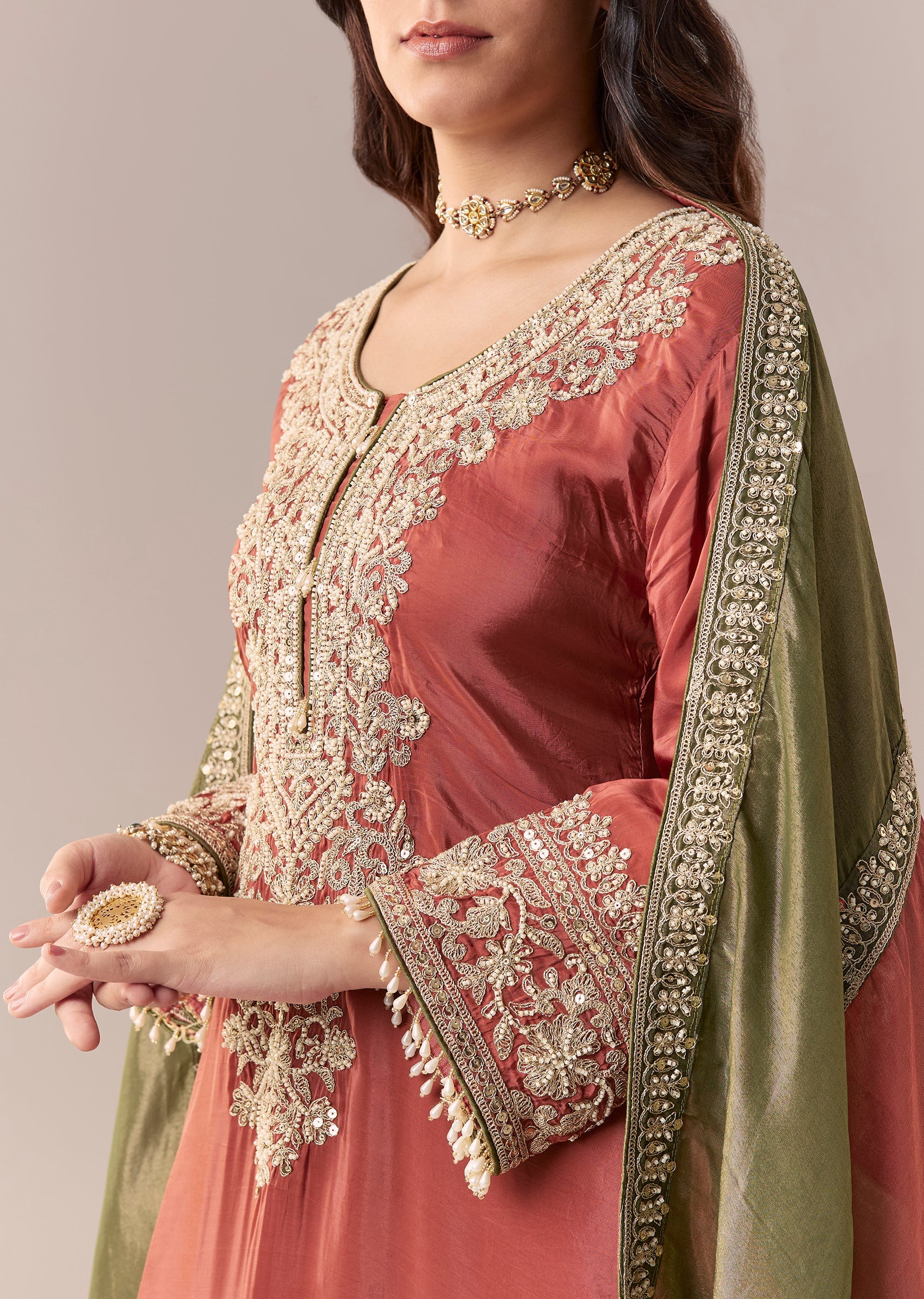 Peach Beaded Tissue Anarkali Suit Set With Pant And Dupatta - Image 2