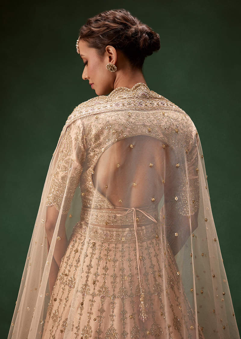 Peach Bridal Lehenga With Regal Embroidery And Single Dupatta Drape - Image 6
