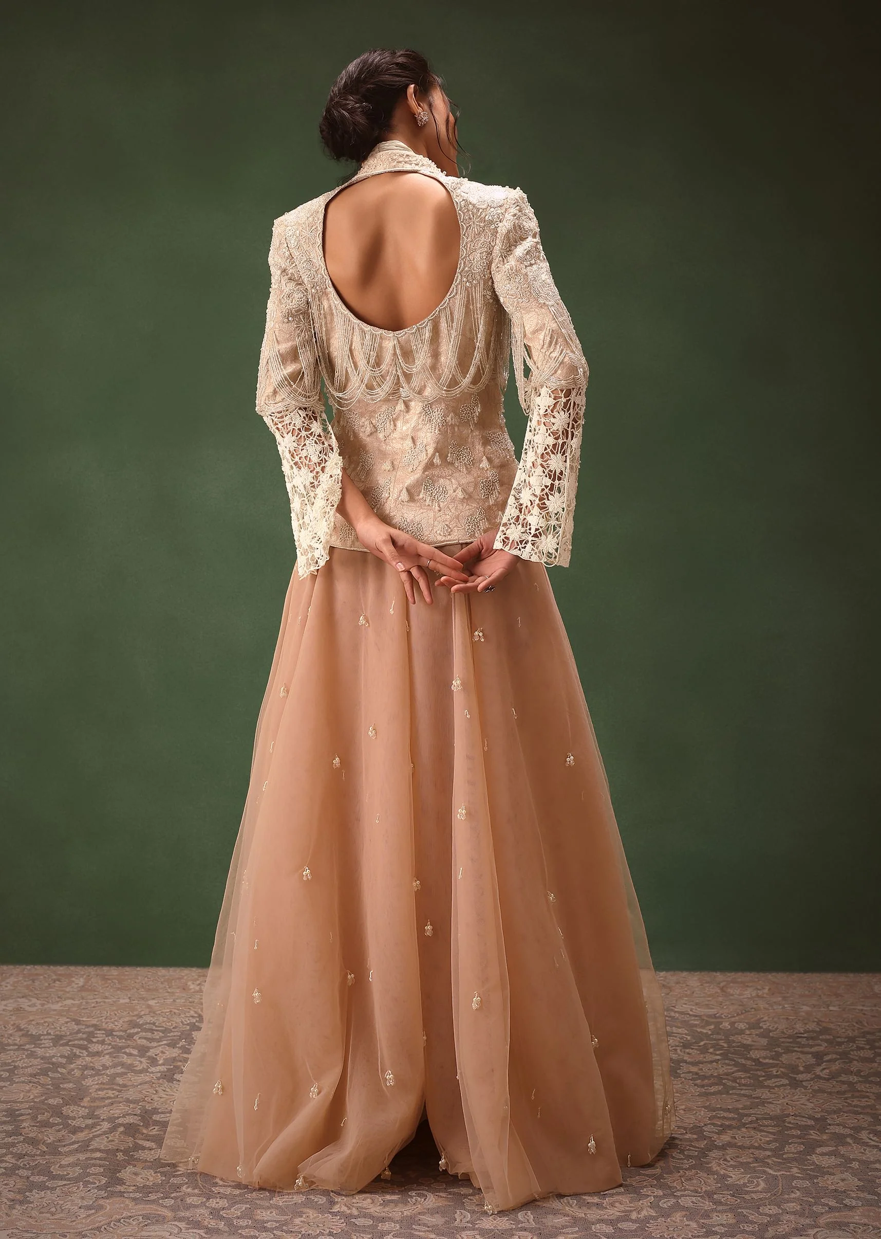 Peach Banarasi Embroidered Jacket With Palazzo And Suspender - Image 2