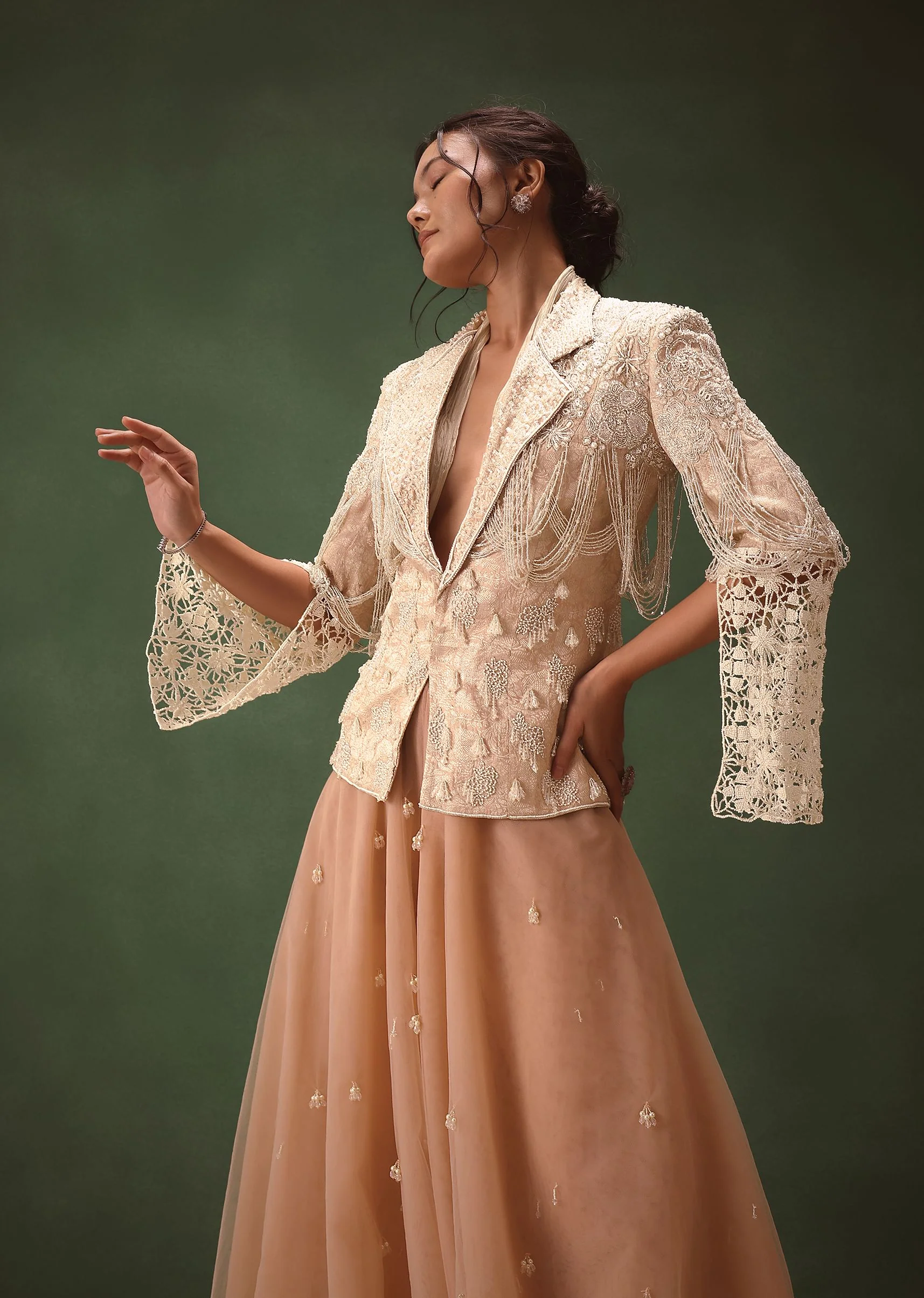 Peach Banarasi Embroidered Jacket With Palazzo And Suspender - Image 4