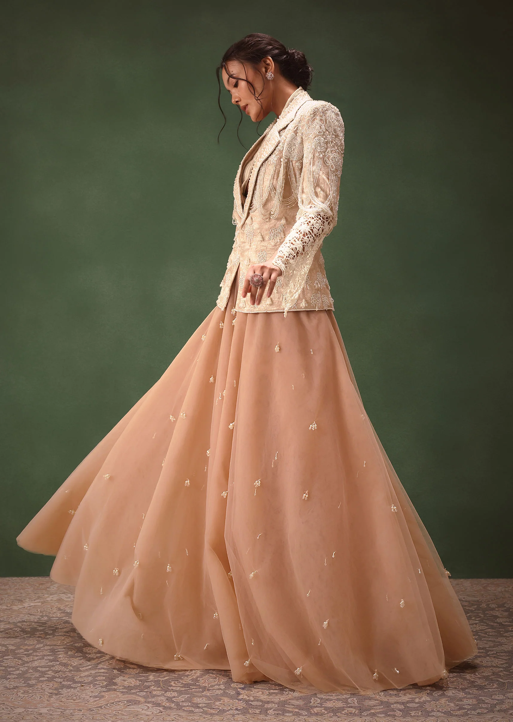 Peach Banarasi Embroidered Jacket With Palazzo And Suspender - Image 5