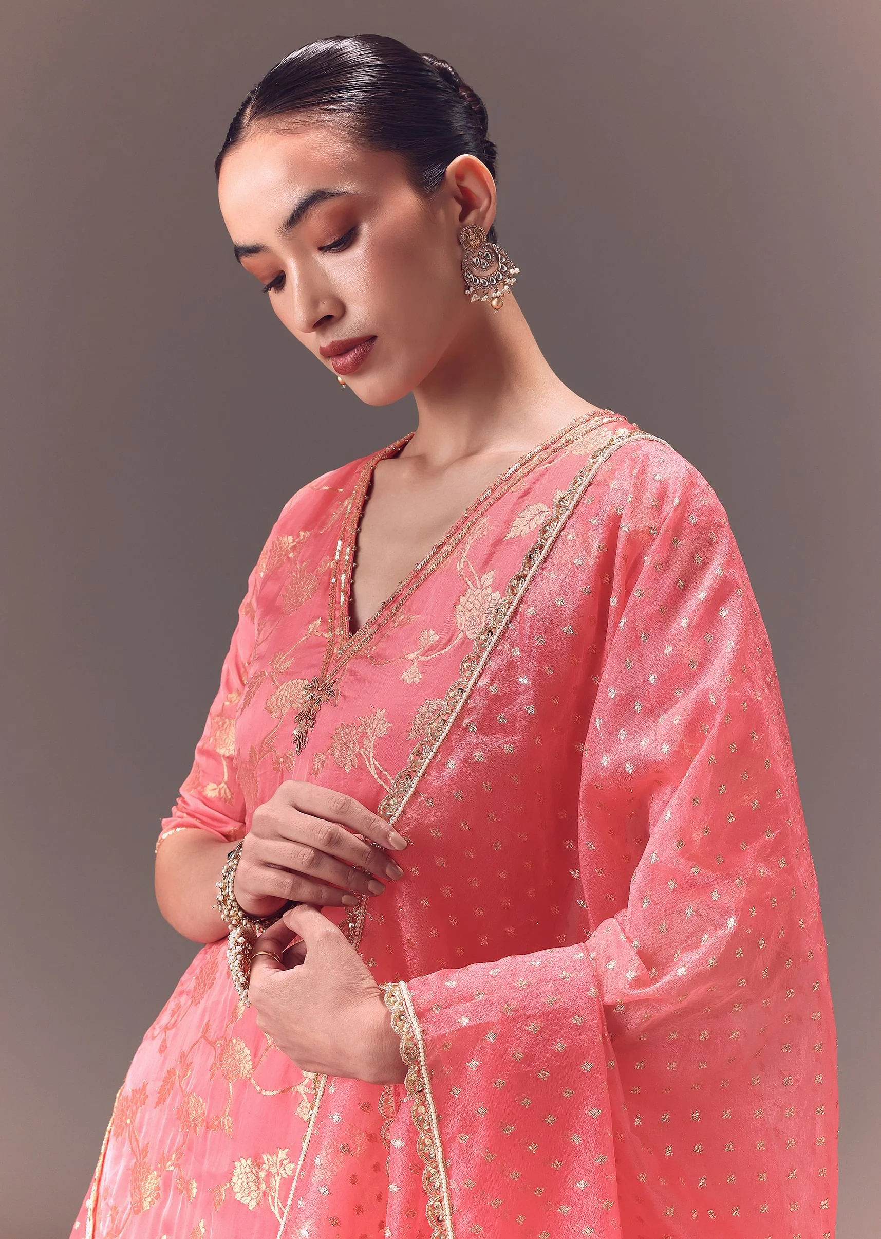Peach Brocade Kurti With Sharara Pants And Dupatta - Image 4