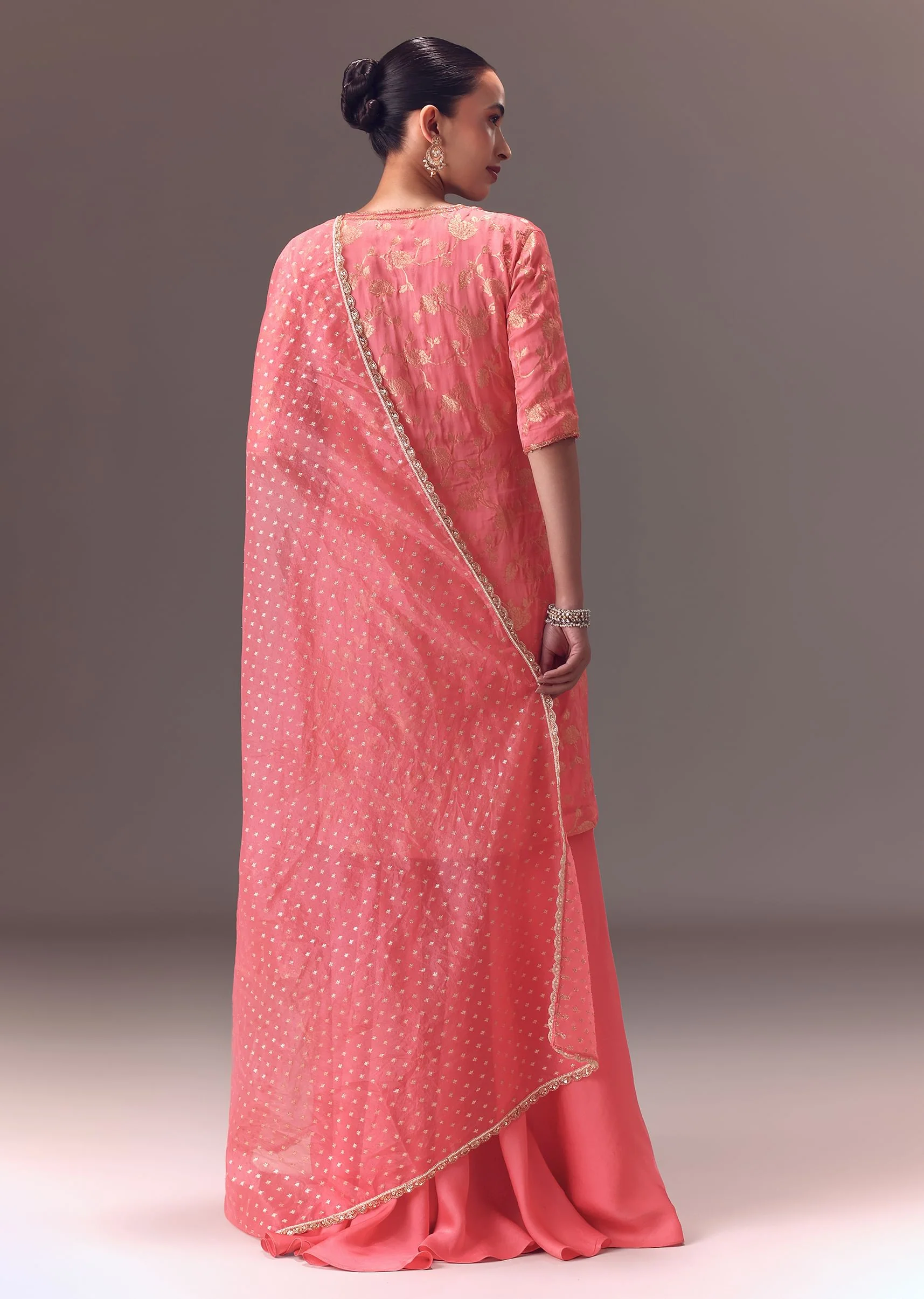 Peach Brocade Kurti With Sharara Pants And Dupatta - Image 5