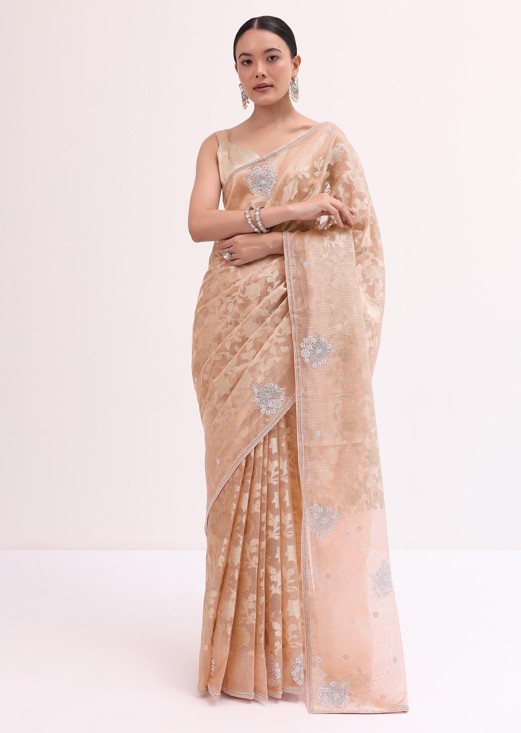 Peach Chanderi Saree With Unstitched Blouse - Image 3