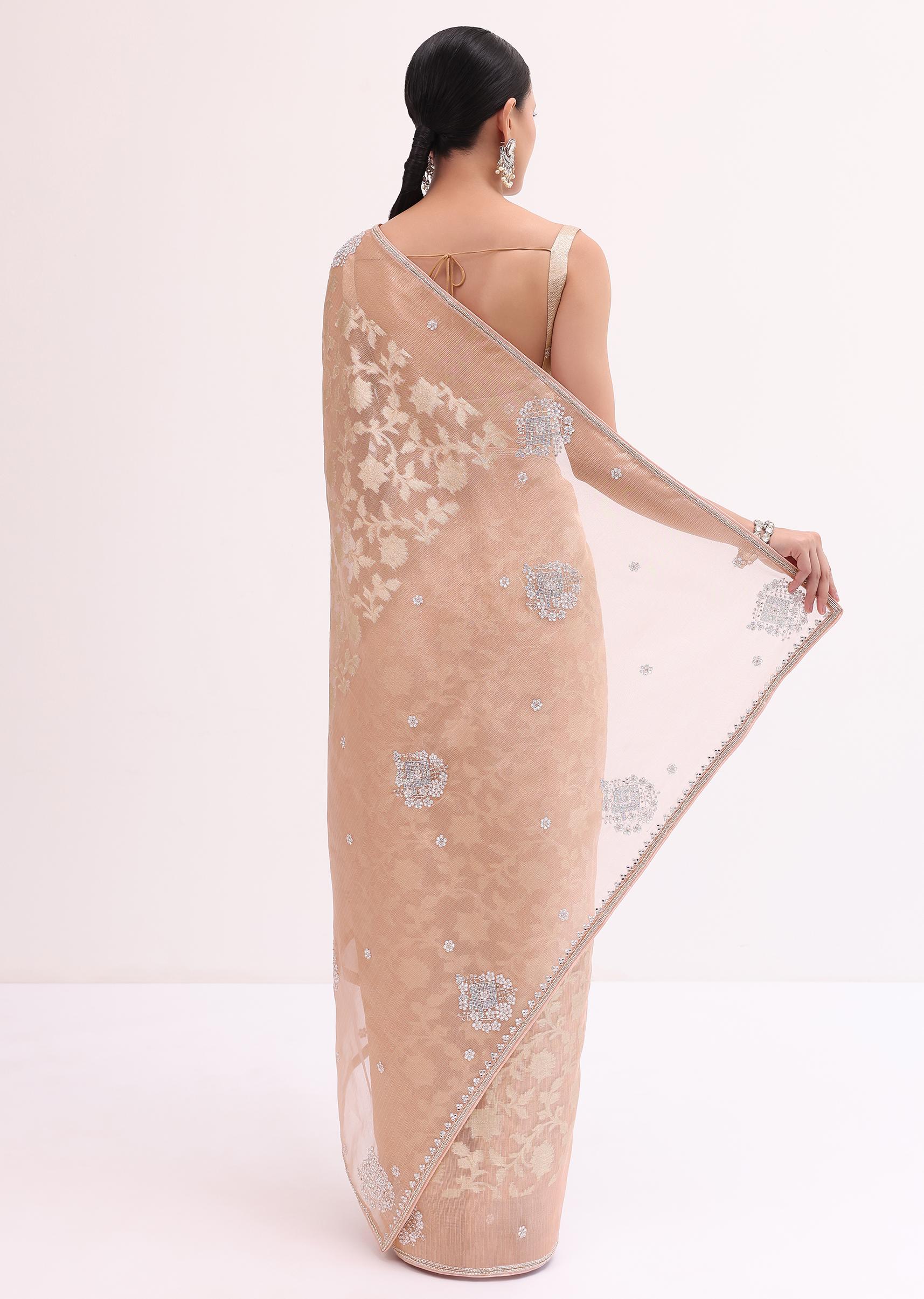 Peach Chanderi Saree With Unstitched Blouse - Image 4