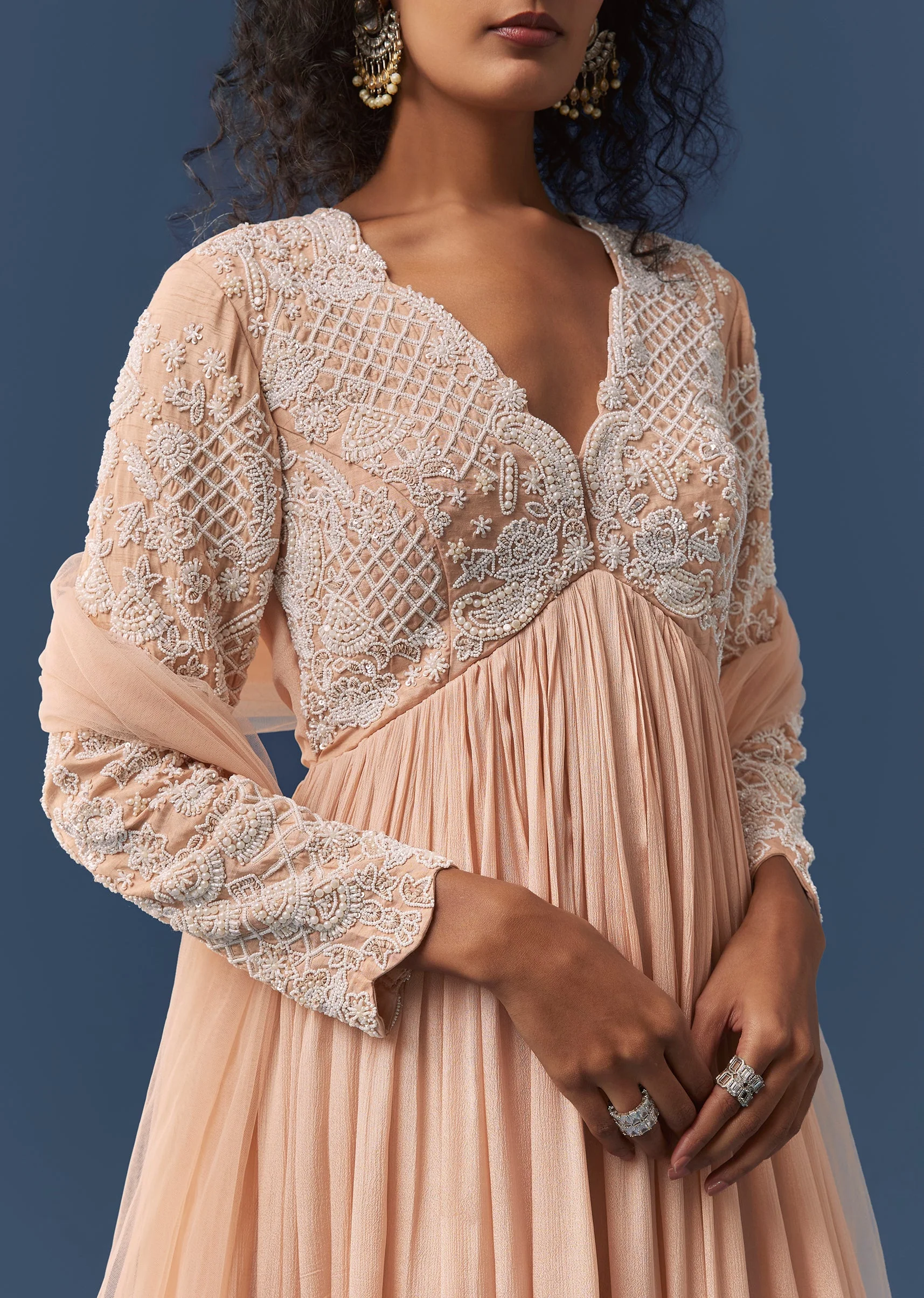 Peach Chinon Embroidered Anarkali Set - Image 2