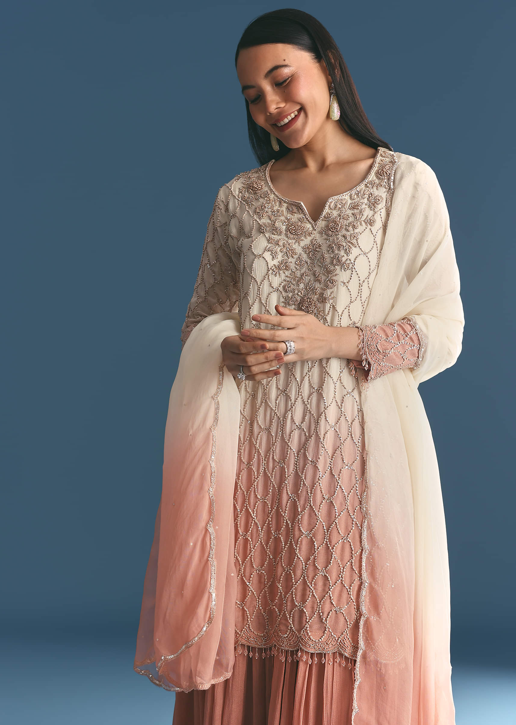 Peach Chinon Ombre Kurta Palazzo Suit With Sequins Threadwork - Image 3