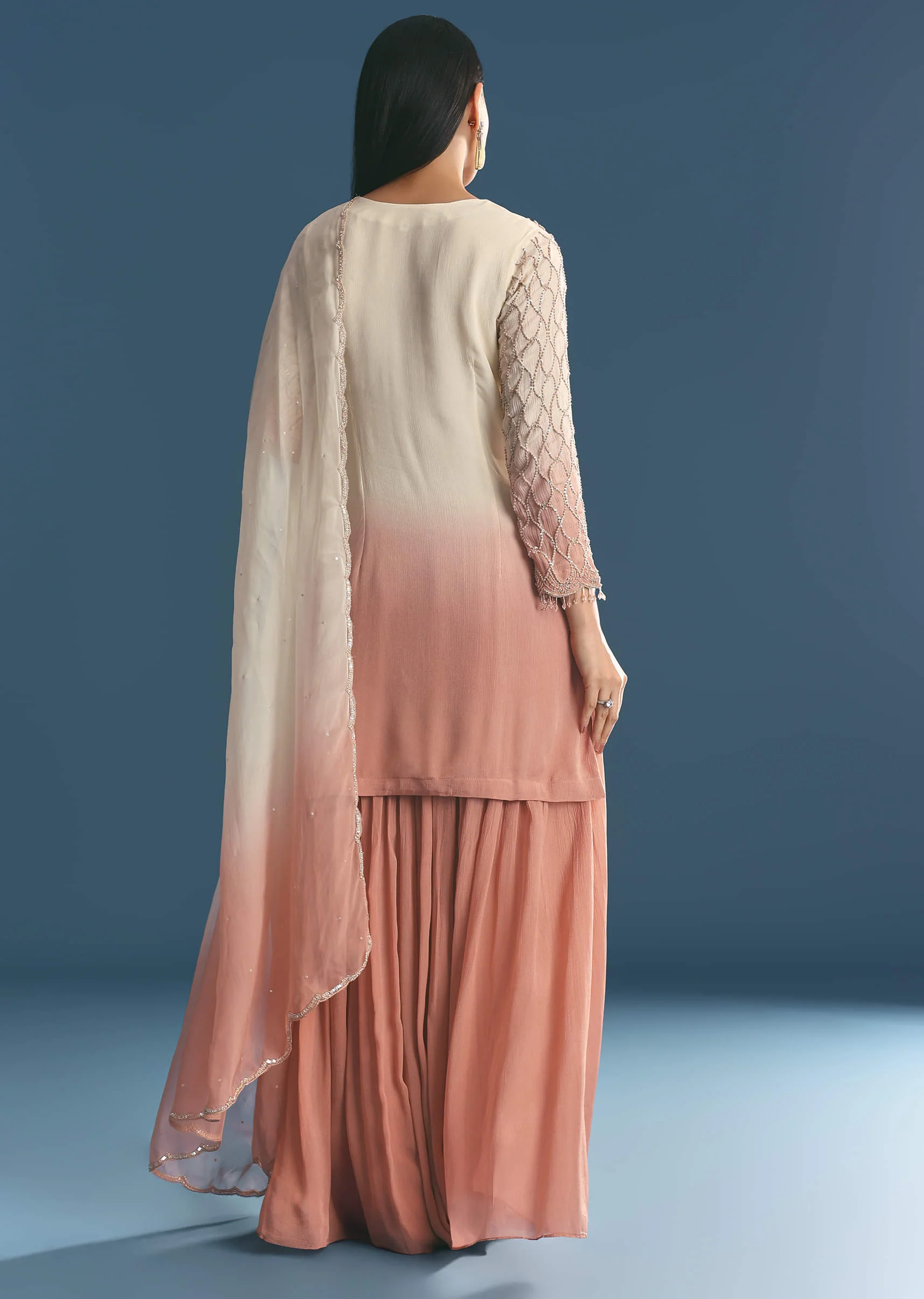 Peach Chinon Ombre Kurta Palazzo Suit With Sequins Threadwork - Image 5