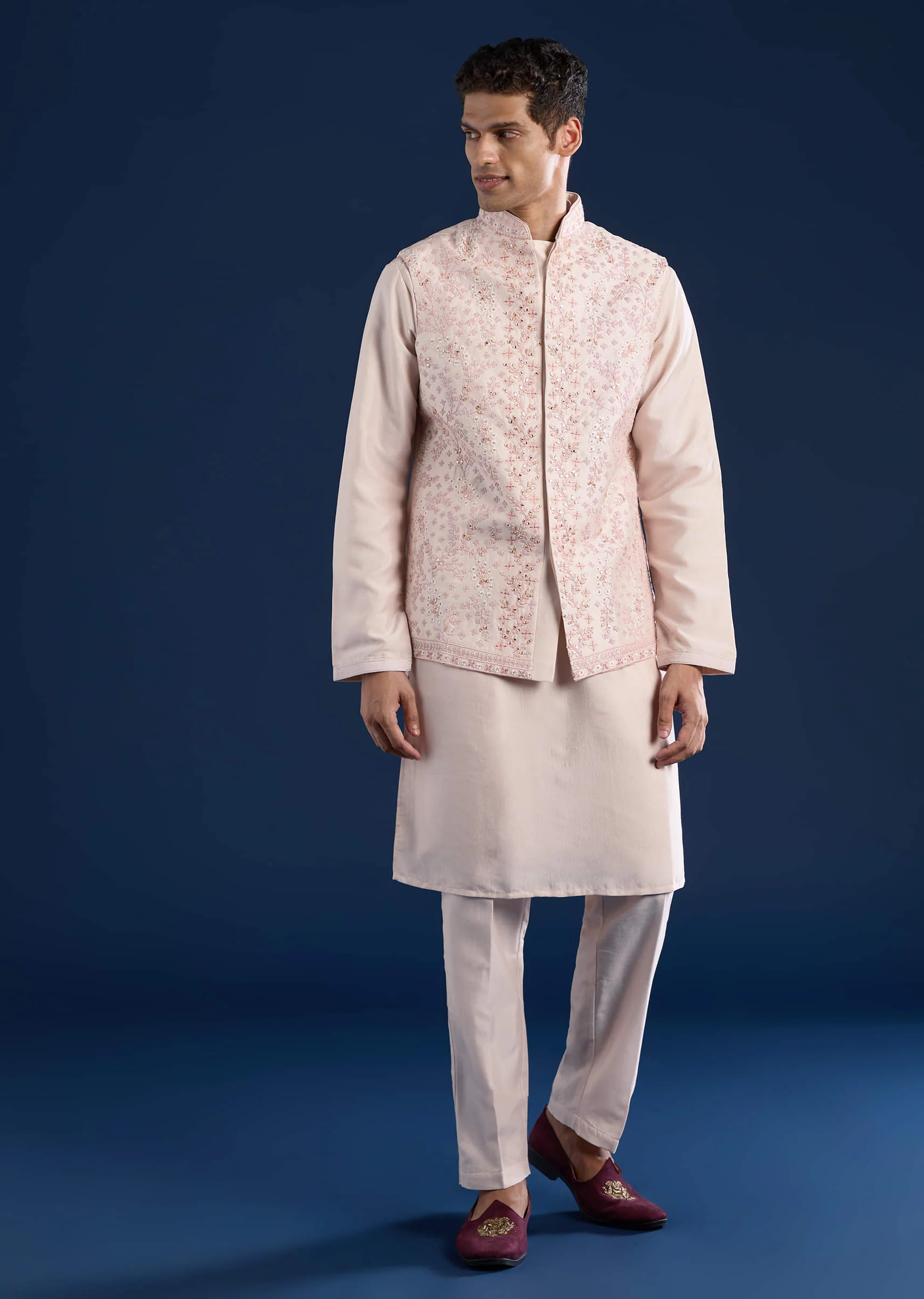 Peach Cotton Silk Jacket Kurta Set with Mirror Work - Image 3