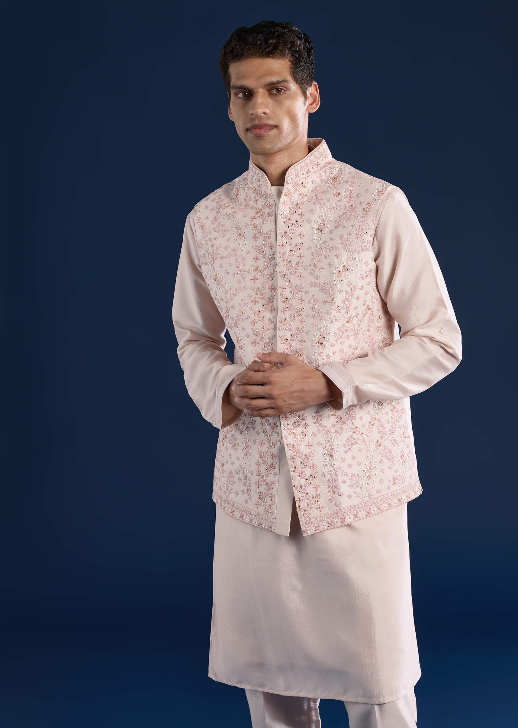 Peach Cotton Silk Jacket Kurta Set with Mirror Work - Image 4