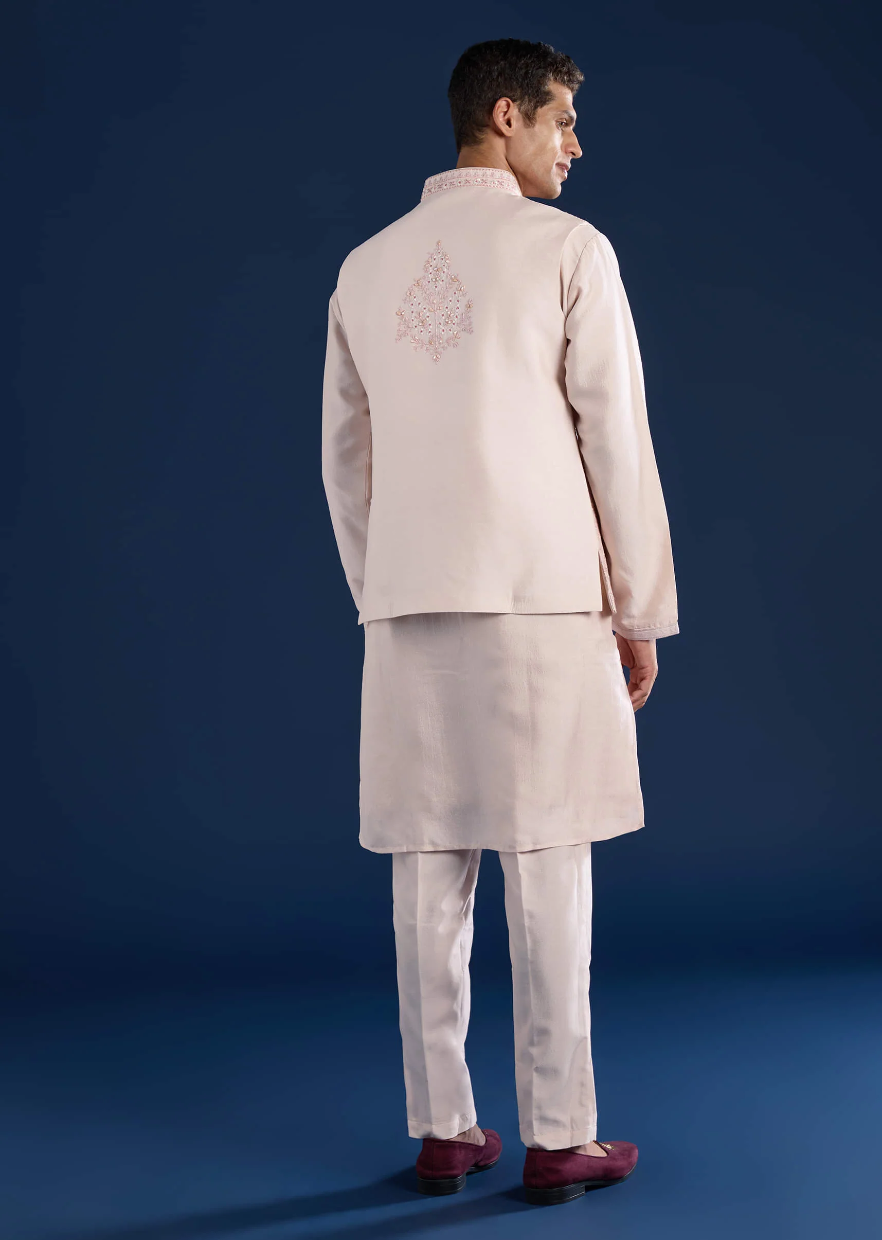 Peach Cotton Silk Jacket Kurta Set with Mirror Work - Image 5