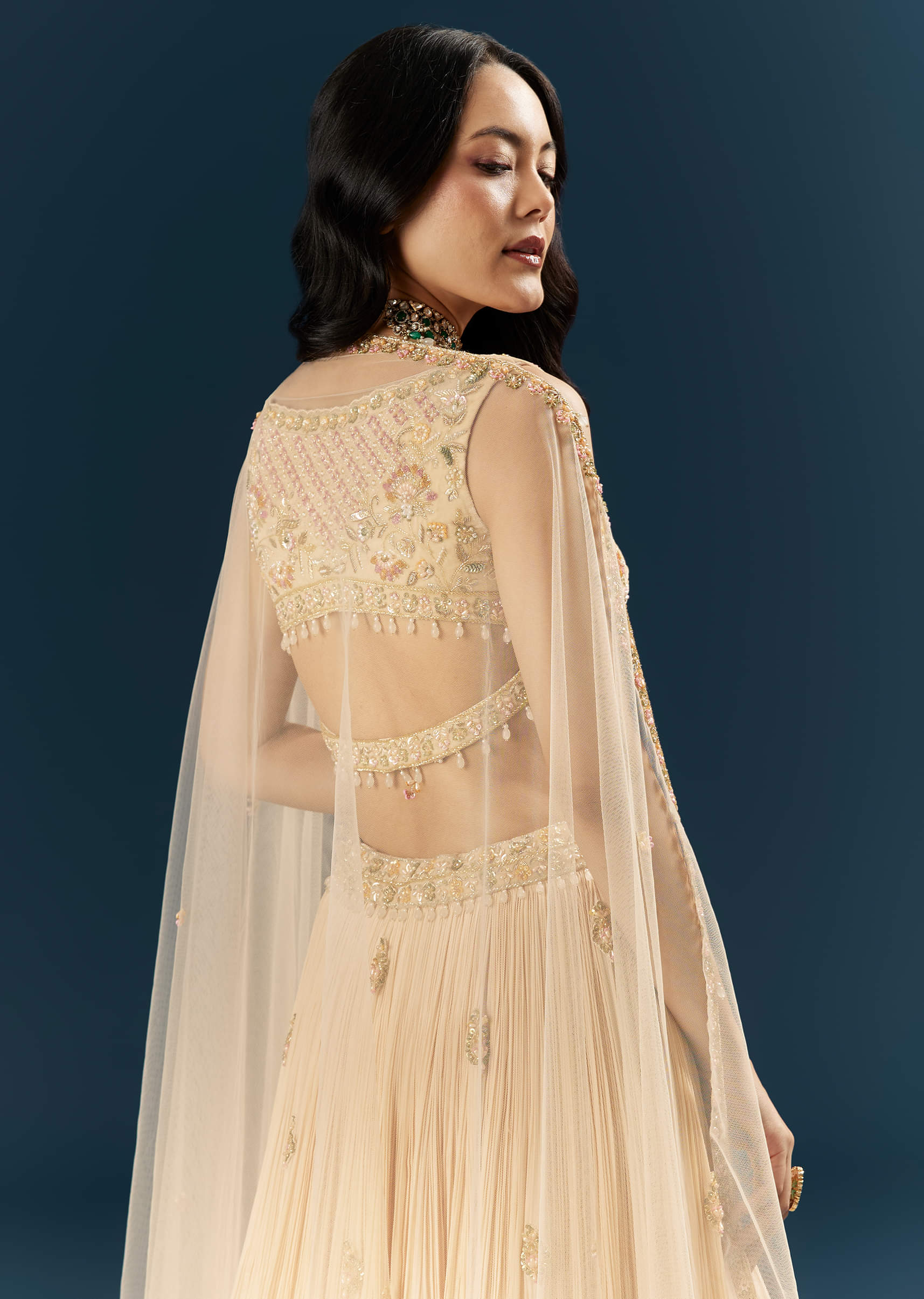 Peach Crepe Bridesmaid Lehenga With Heavy Embroidery - Image 6
