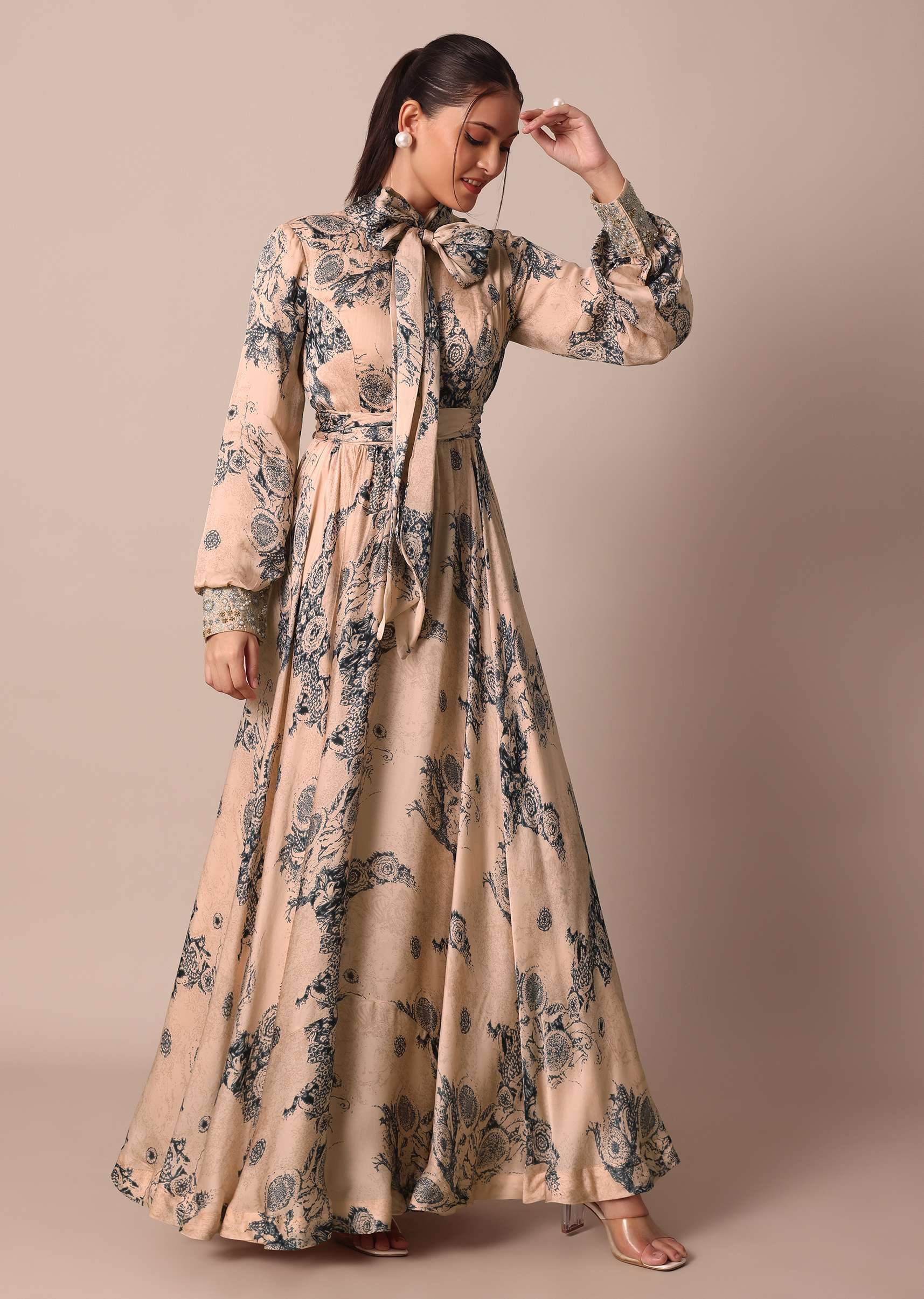 Peach Crepe Printed Indo Gown With Embroidered Sleeves - Image 3