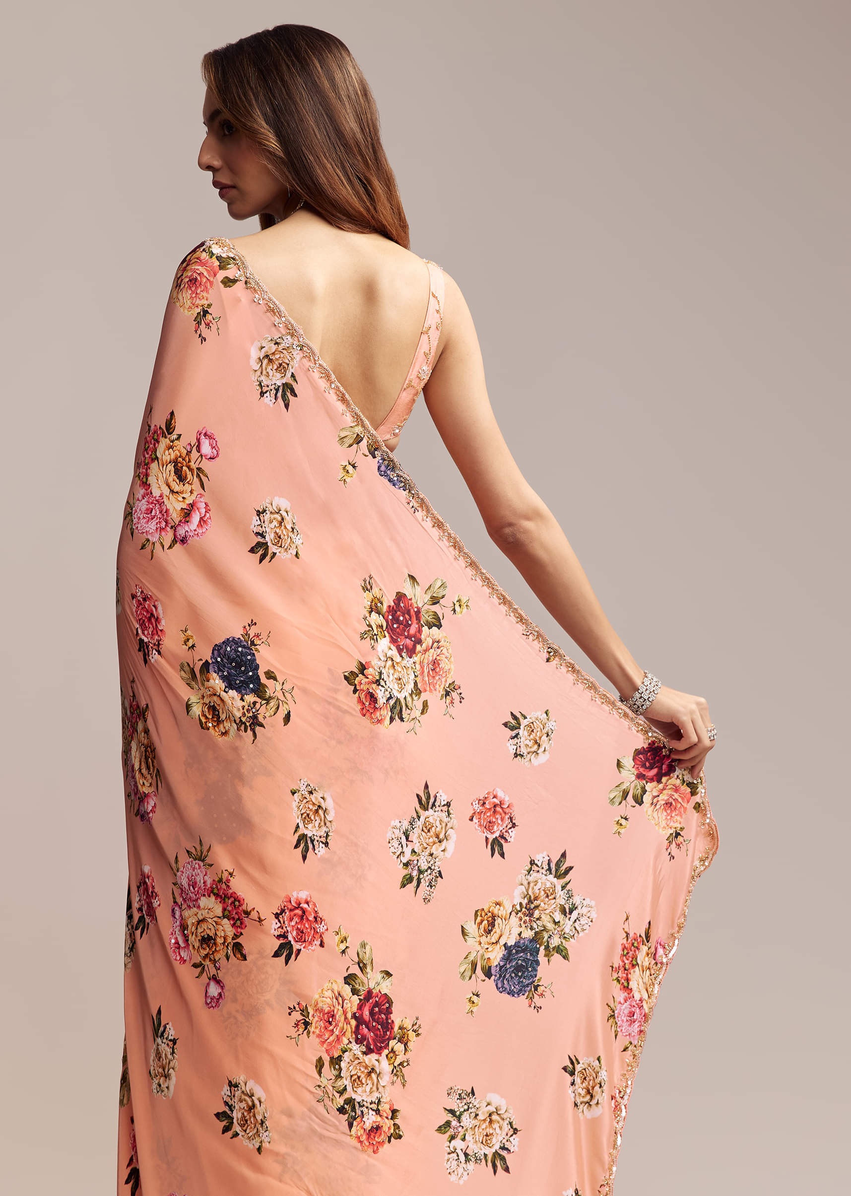 Peach Crepe Saree With Digital Print And Sequins Embroidery - Image 3