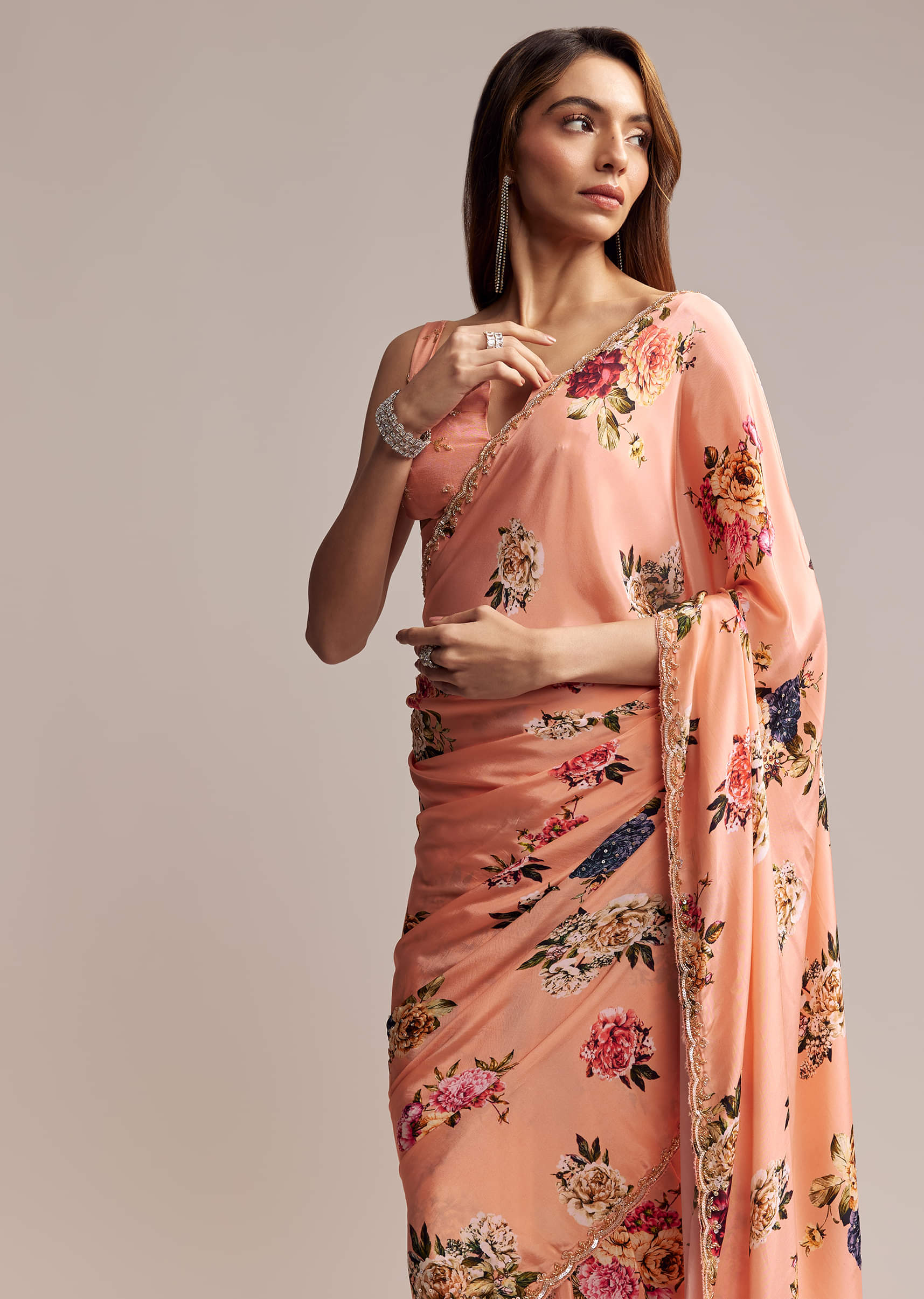 Peach Crepe Saree With Digital Print And Sequins Embroidery - Image 4