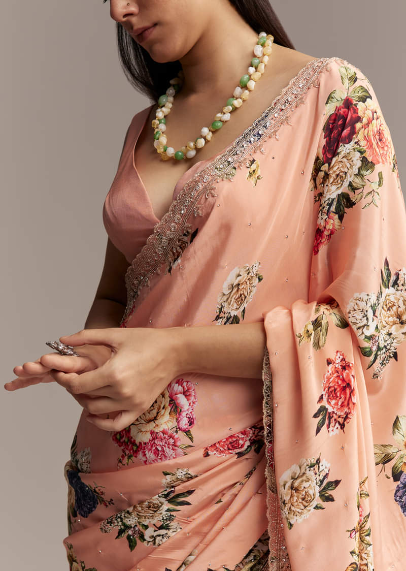 Peach Crepe Saree With Multicolor Floral Print And Embroidered Border - Image 2