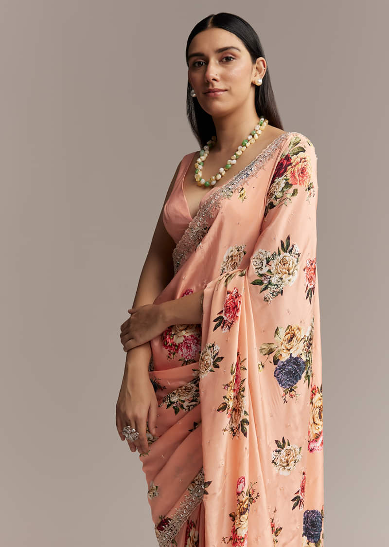 Peach Crepe Saree With Multicolor Floral Print And Embroidered Border - Image 5