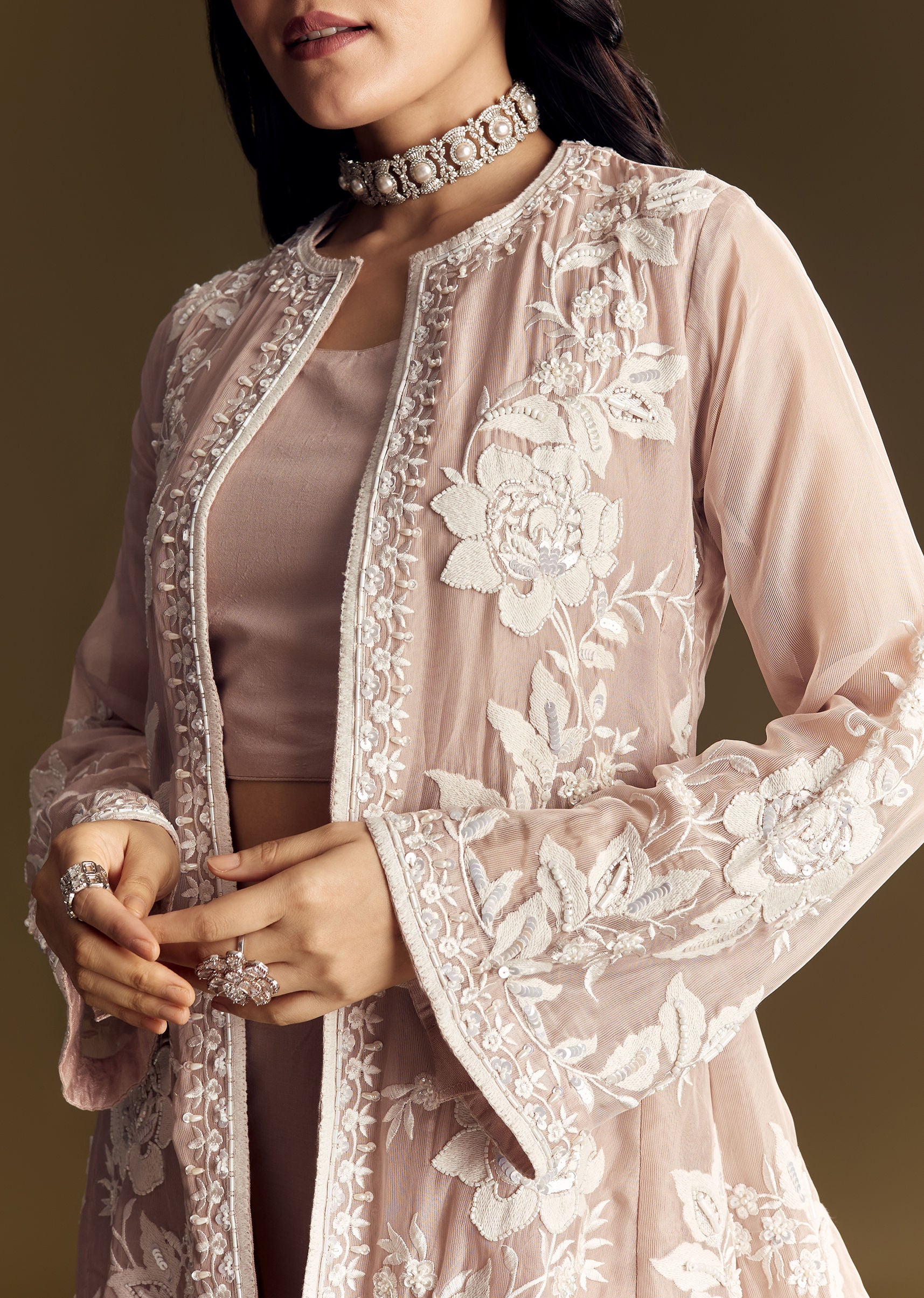 Peach Crop Top Set With Embroidered Organza Jacket - Image 2