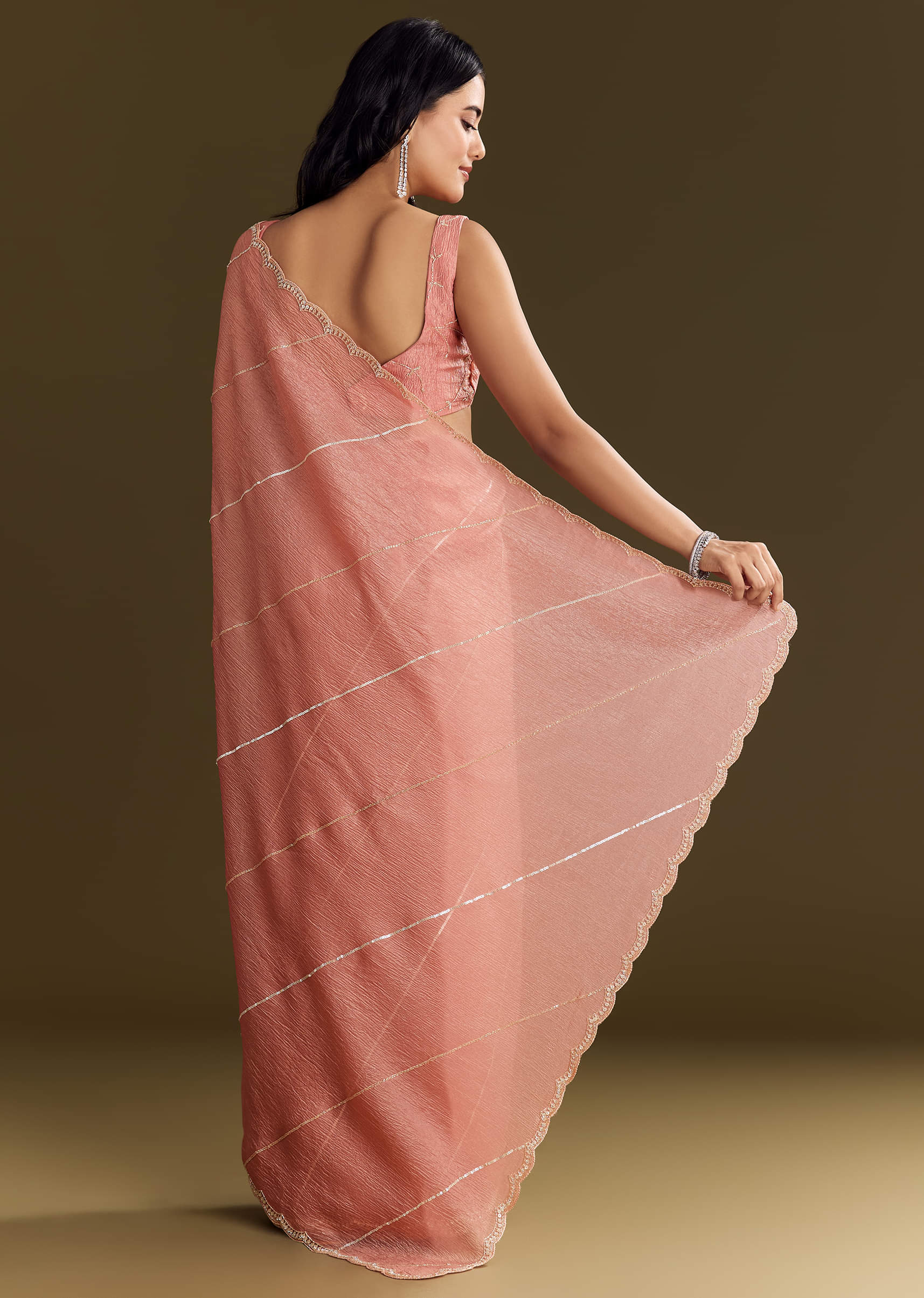 Peach Crush Tissue Saree With Cutdana And Beads Scallop Border - Image 6