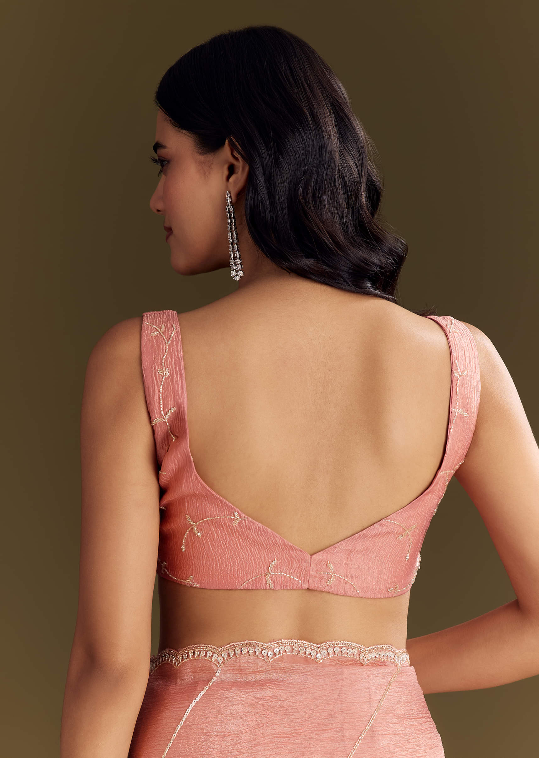 Peach Crush Tissue Saree With Cutdana And Beads Scallop Border - Image 8
