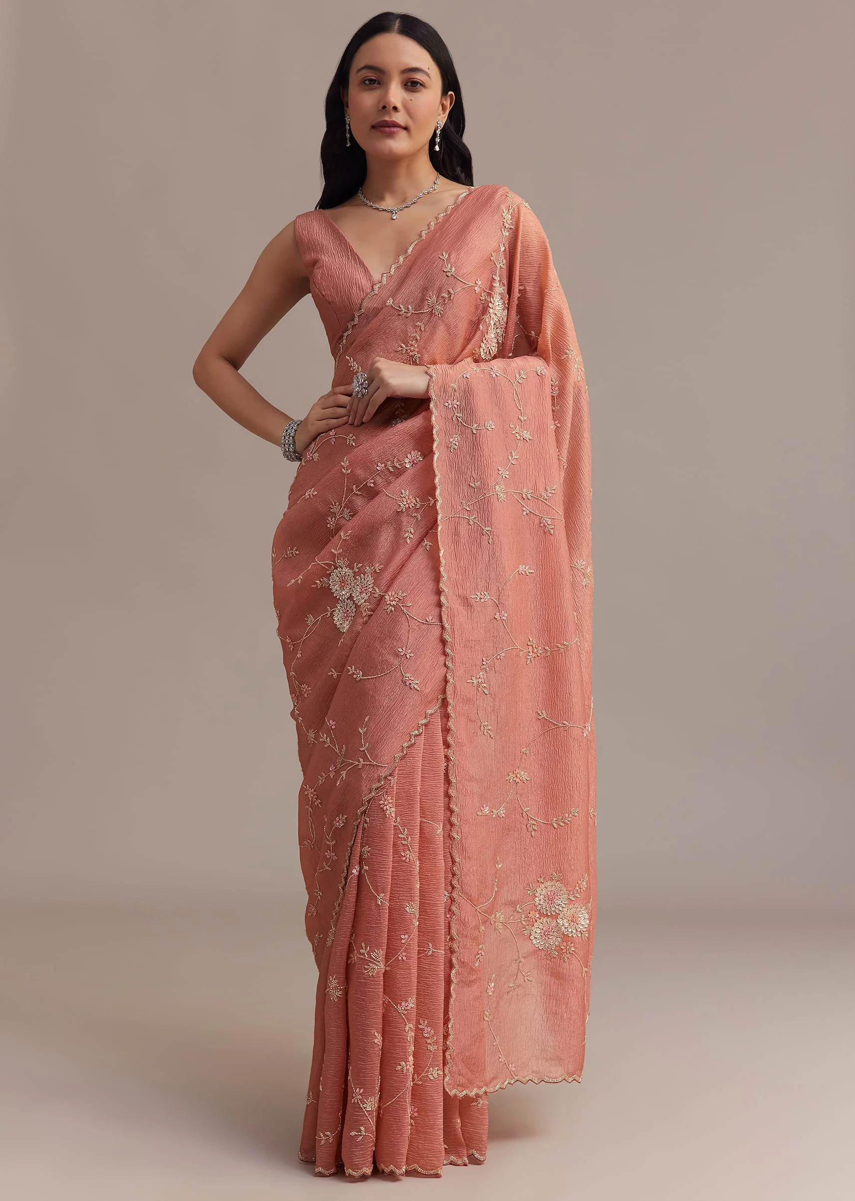 Peach Crushed Tissue Saree With Cutdana And Sequins Jaal Work