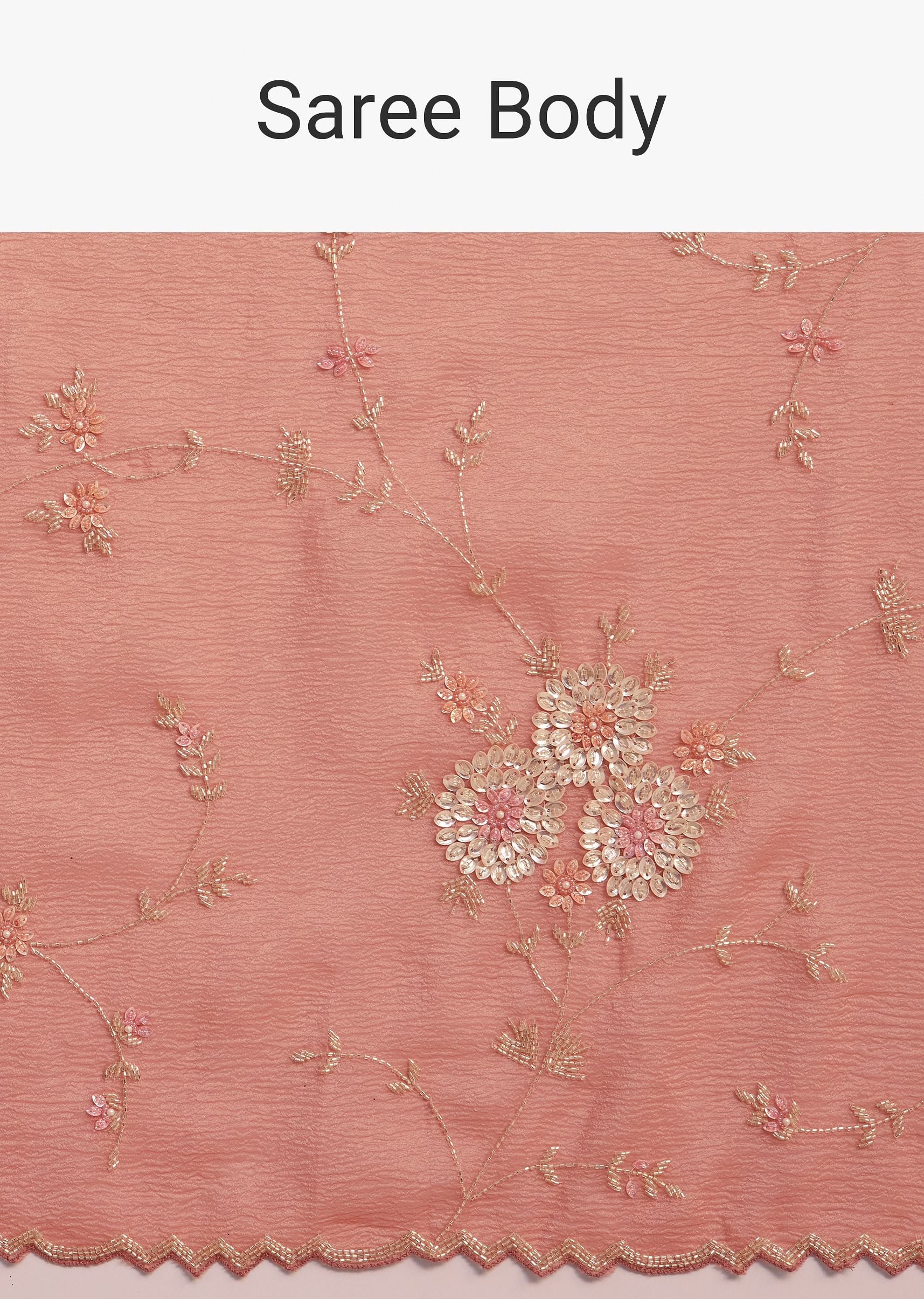 Peach Crushed Tissue Saree With Cutdana And Sequins Jaal Work - Image 9
