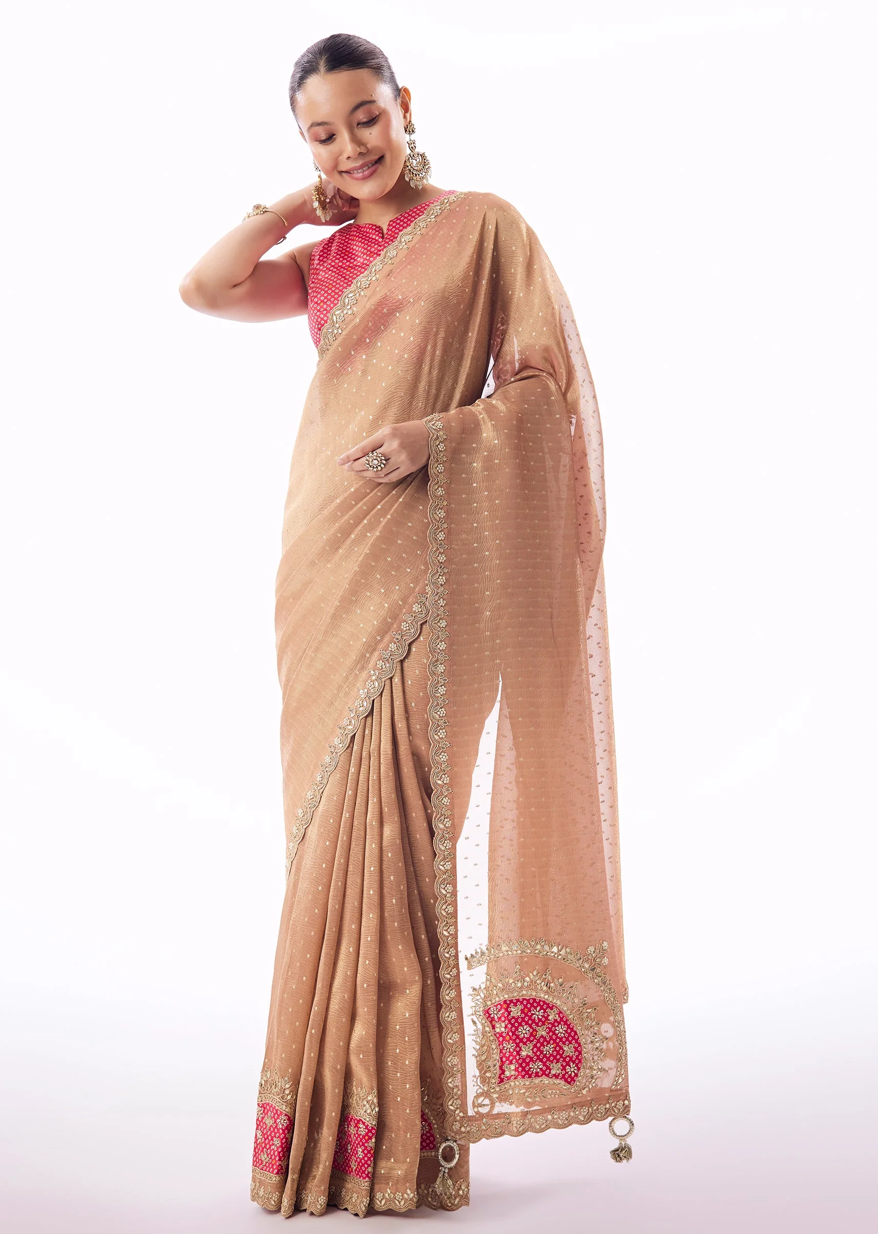 Peach Crushed Tissue Saree With Gota Zari Patchwork And Tassel Detail