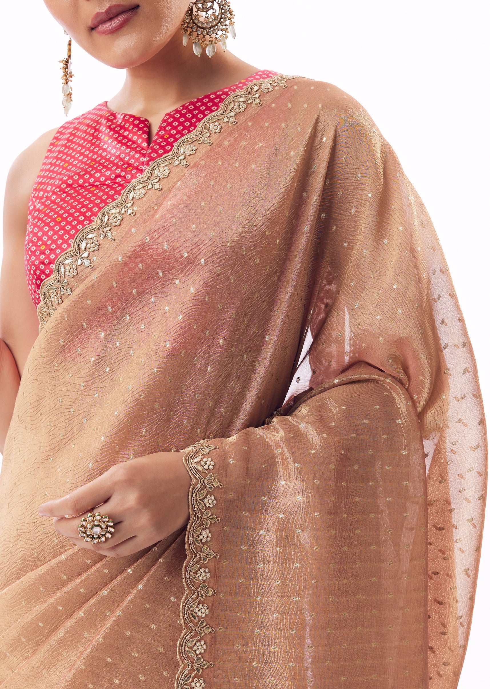 Peach Crushed Tissue Saree With Gota Zari Patchwork And Tassel Detail - Image 2