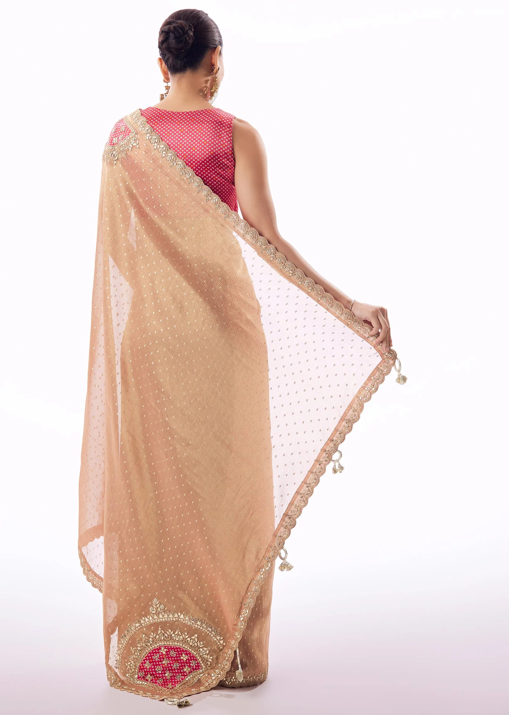 Peach Crushed Tissue Saree With Gota Zari Patchwork And Tassel Detail - Image 4