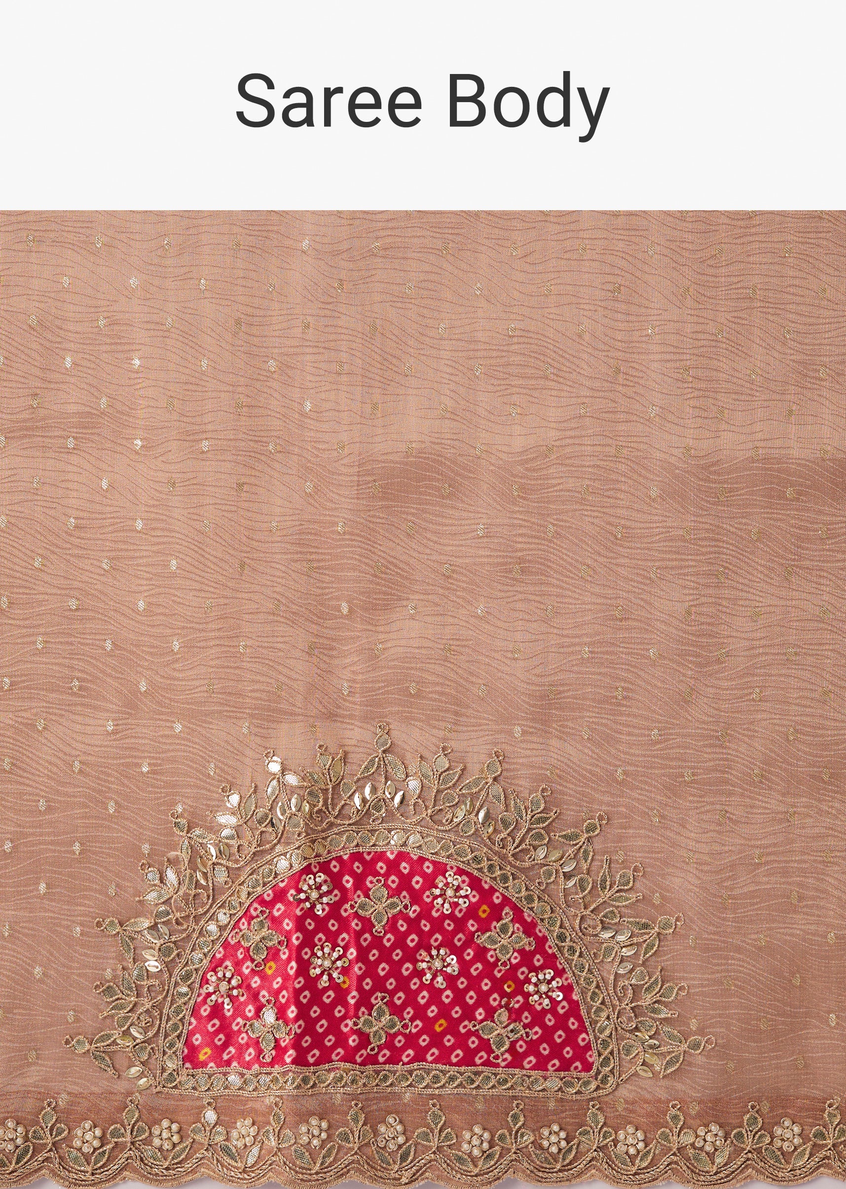 Peach Crushed Tissue Saree With Gota Zari Patchwork And Tassel Detail - Image 9