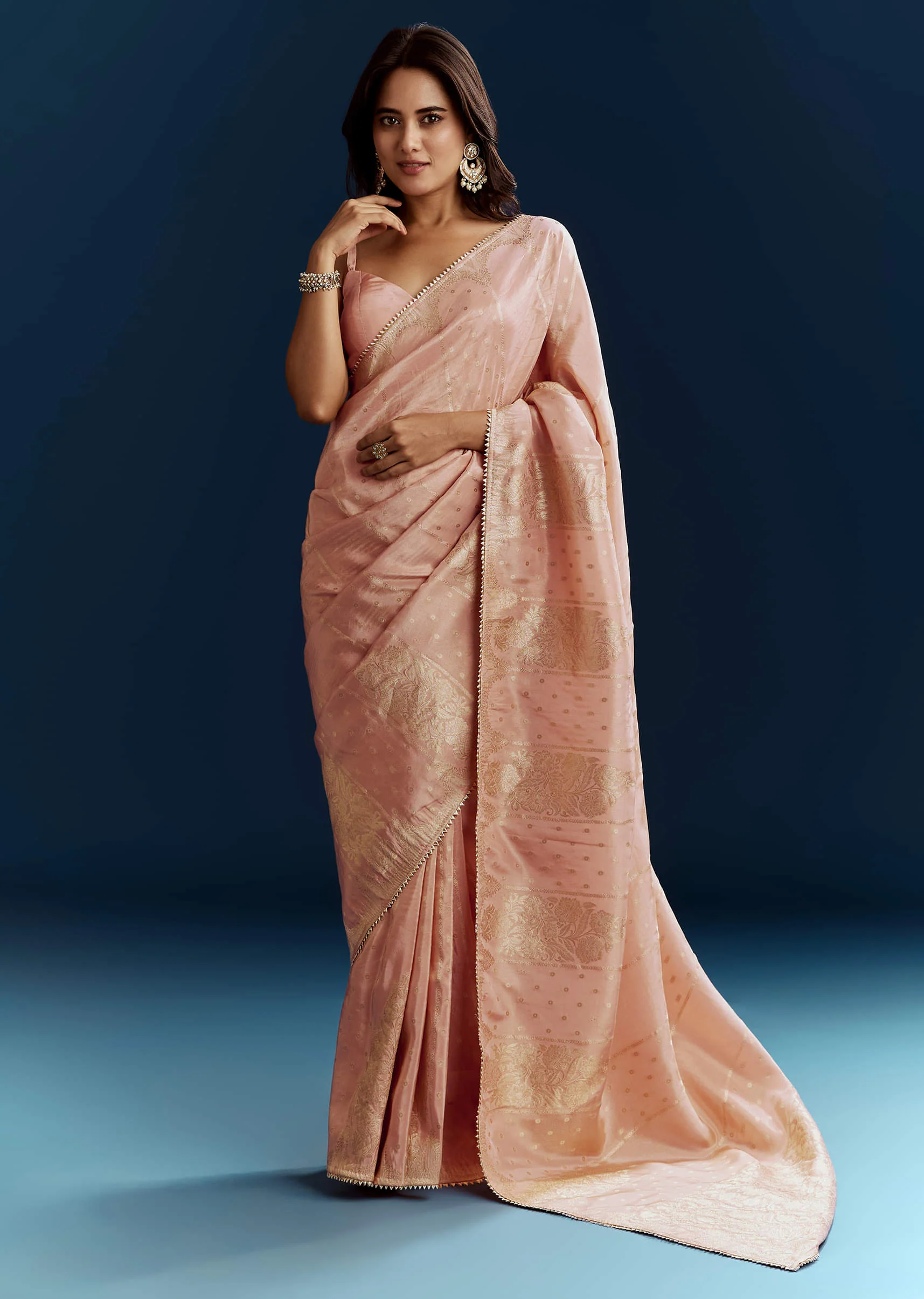 Peach Dola Silk Brocade Saree With Gota Patti And Moti Embroidery - Image 3