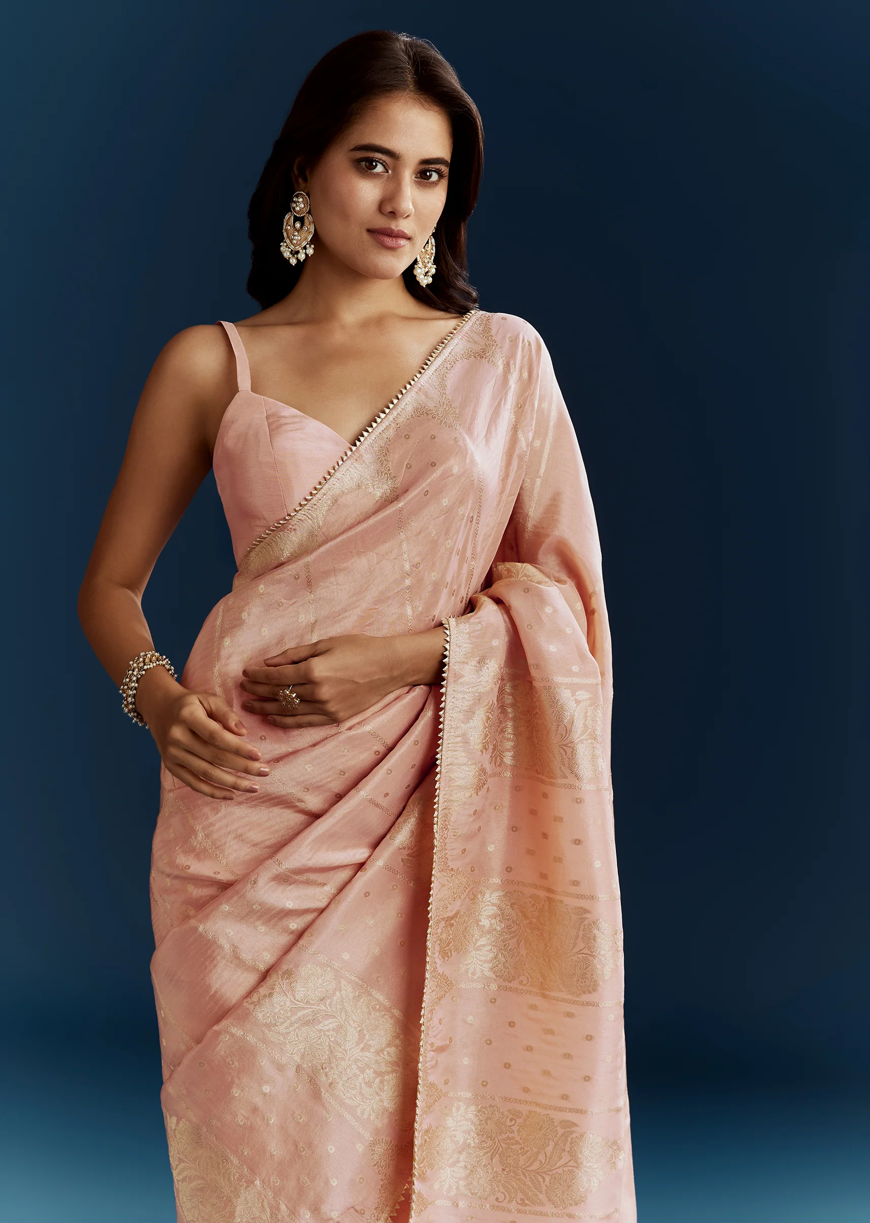 Peach Dola Silk Brocade Saree With Gota Patti And Moti Embroidery - Image 4