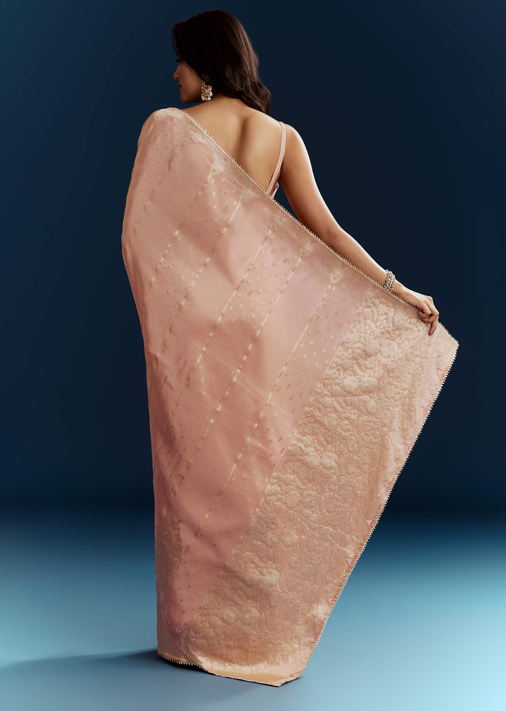 Peach Dola Silk Brocade Saree With Gota Patti And Moti Embroidery - Image 6